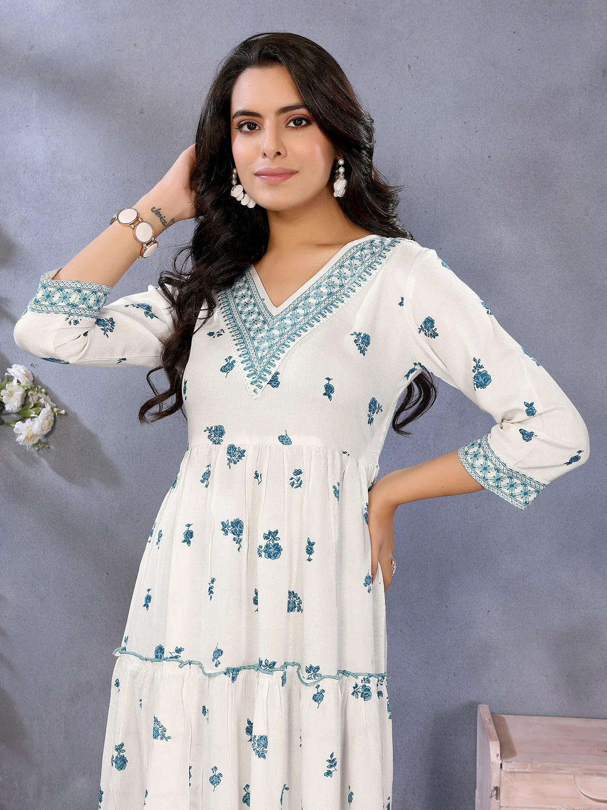 Buy Rayon Printed Tiered Calf Length Dress-White