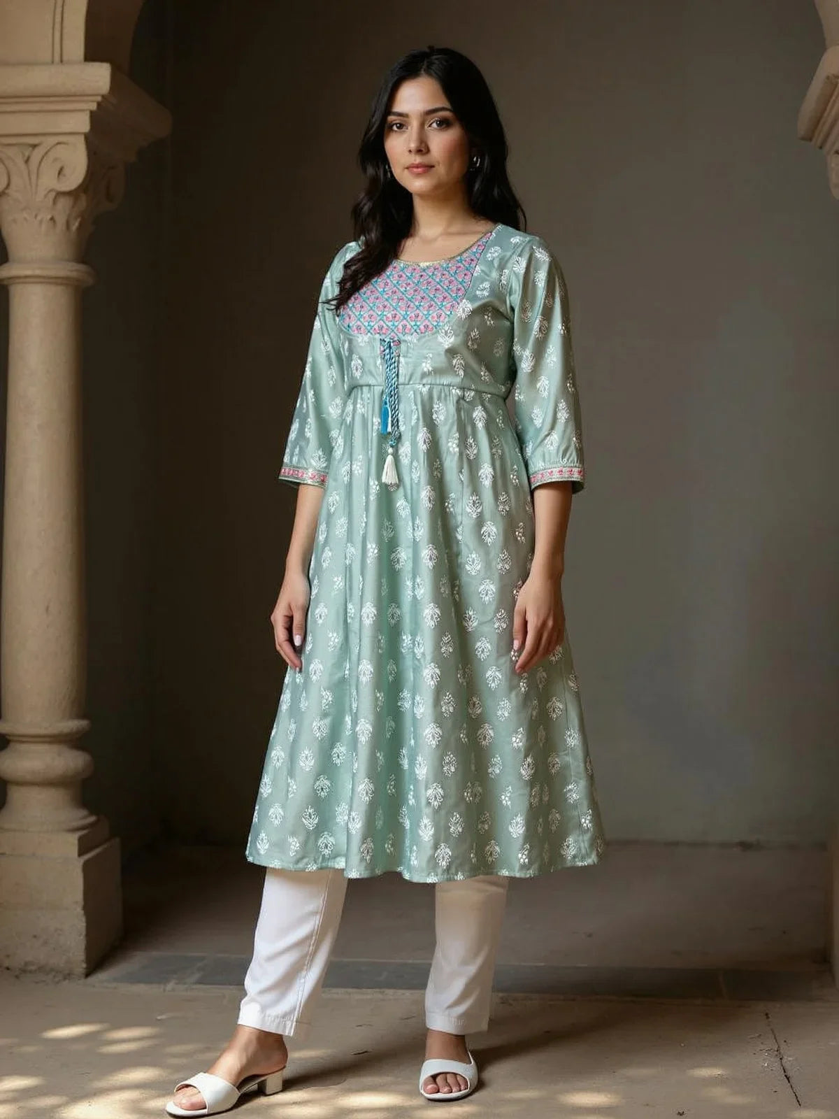Buy Chanderi Embroidered Flared Calf Length Kurta-Sea Green