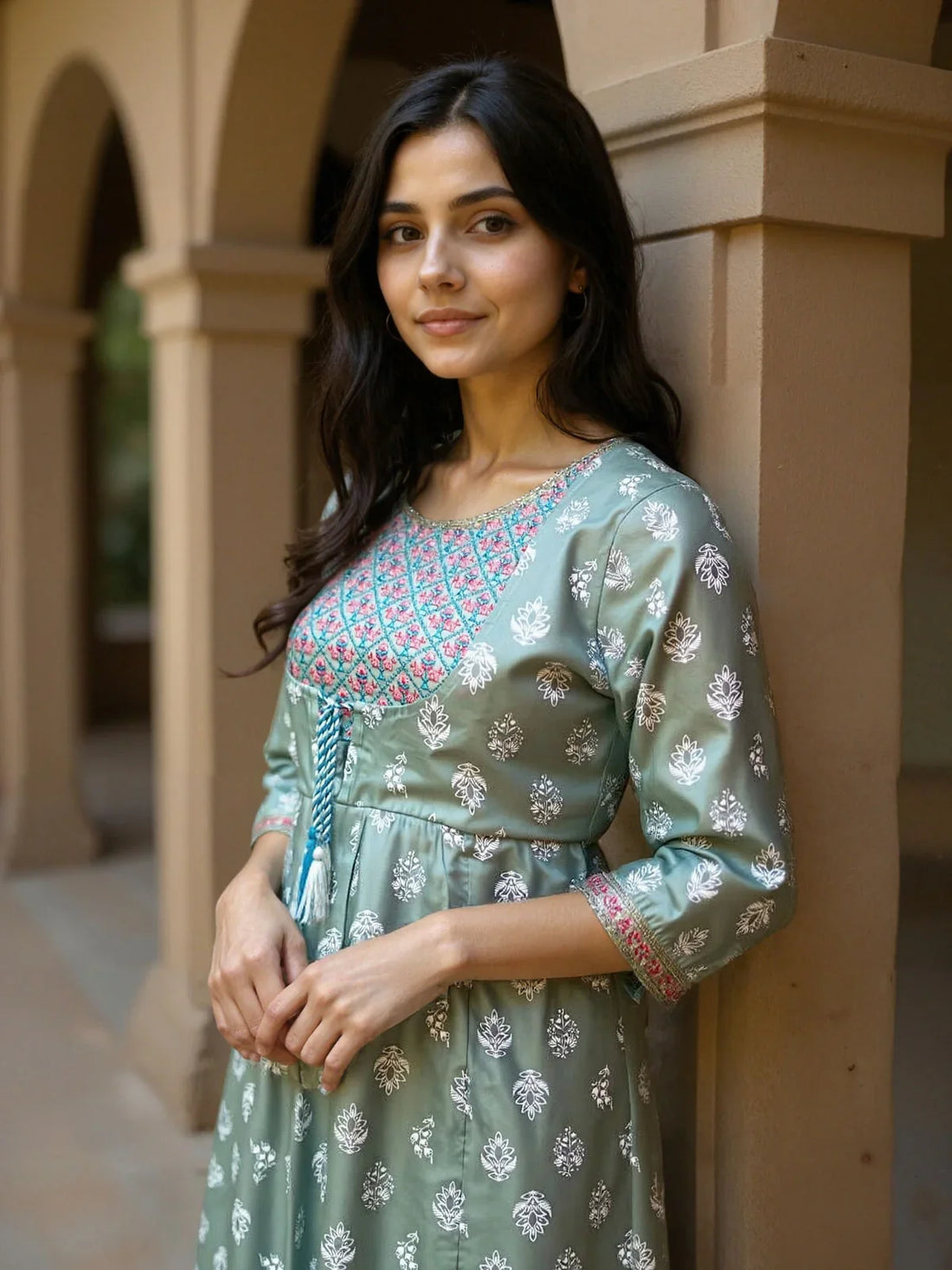 Buy Chanderi Embroidered Flared Calf Length Kurta-Sea Green