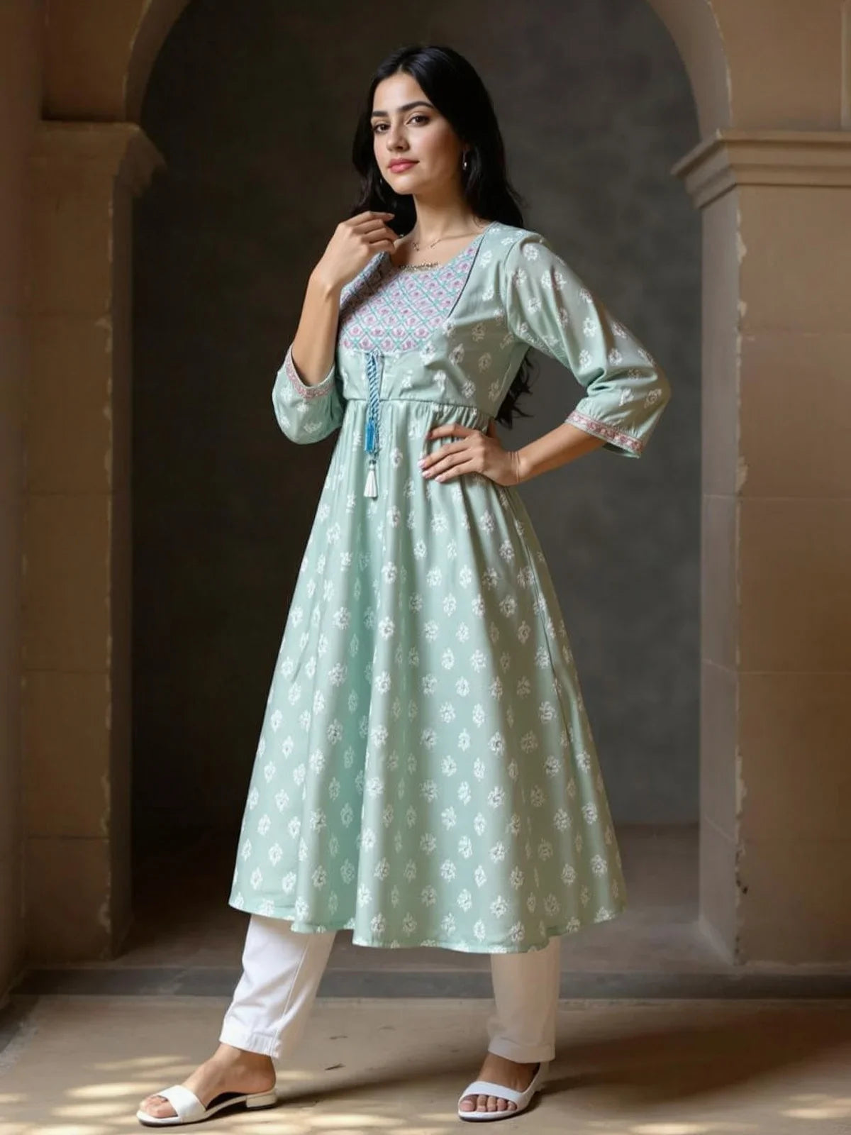 Buy Chanderi Embroidered Flared Calf Length Kurta-Sea Green