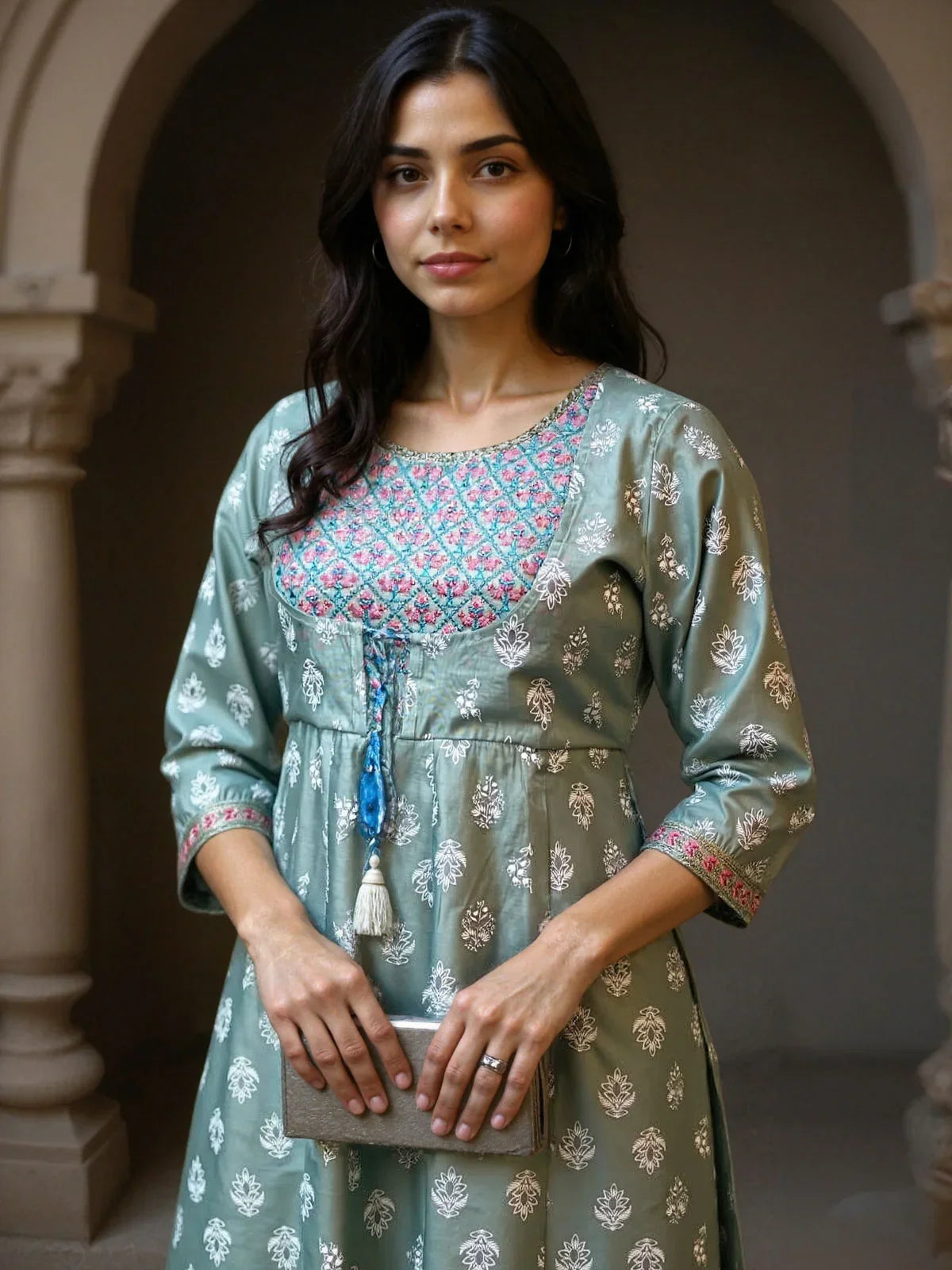 Buy Chanderi Embroidered Flared Calf Length Kurta-Sea Green