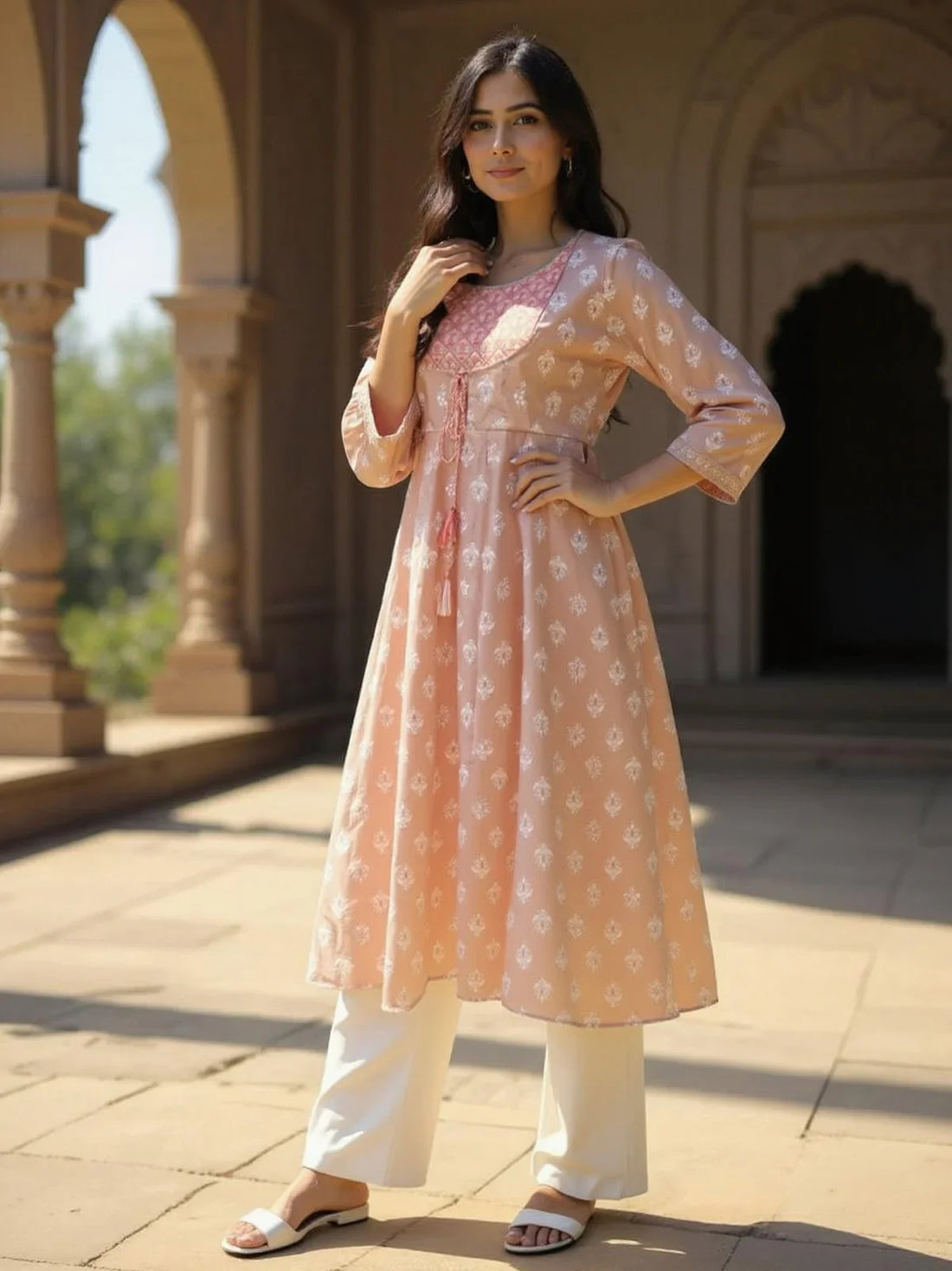 Buy Chanderi Embroidered Flared Calf Length Flared Kurta-Coral