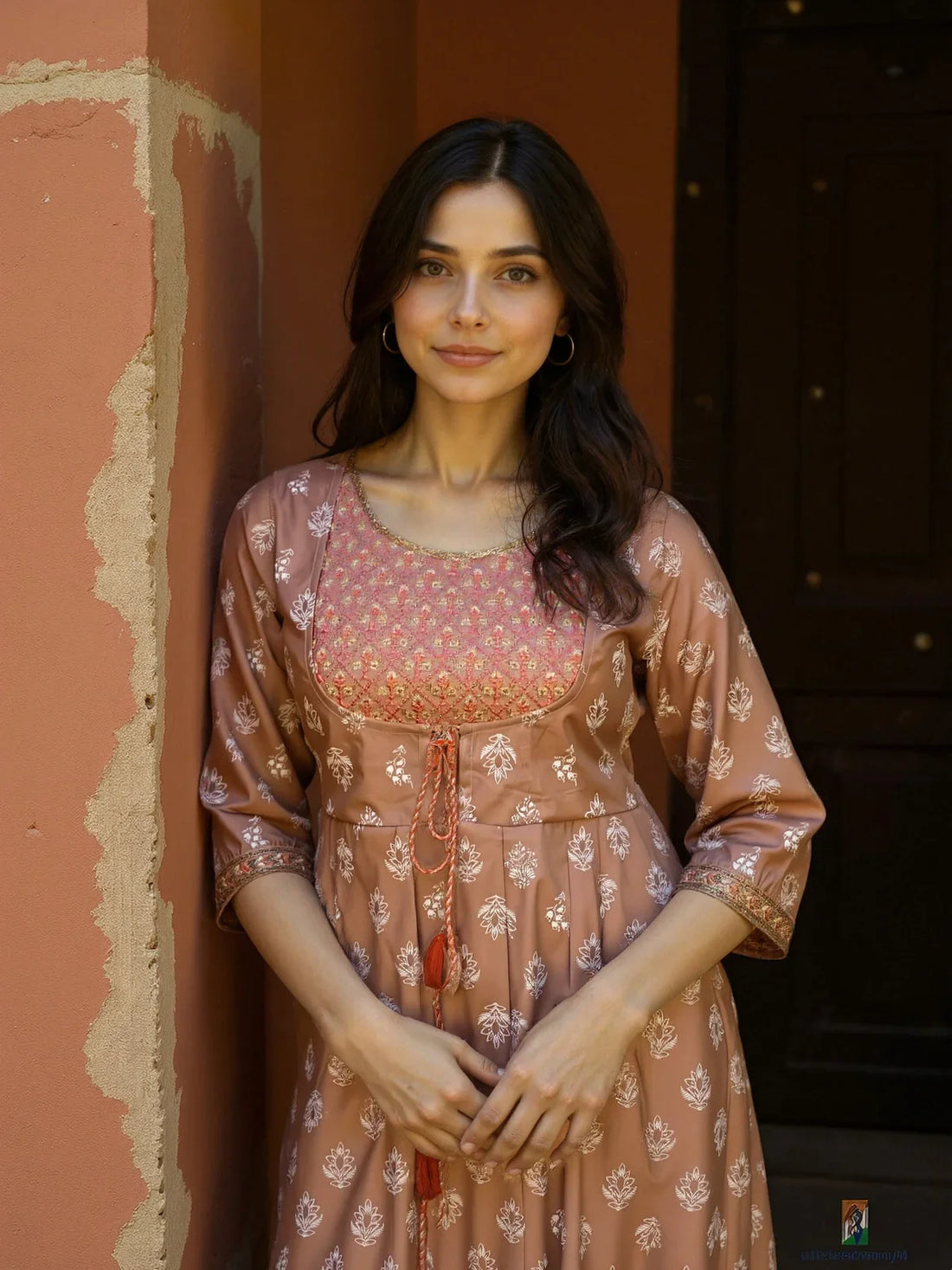 Buy Chanderi Embroidered Flared Calf Length Flared Kurta-Coral