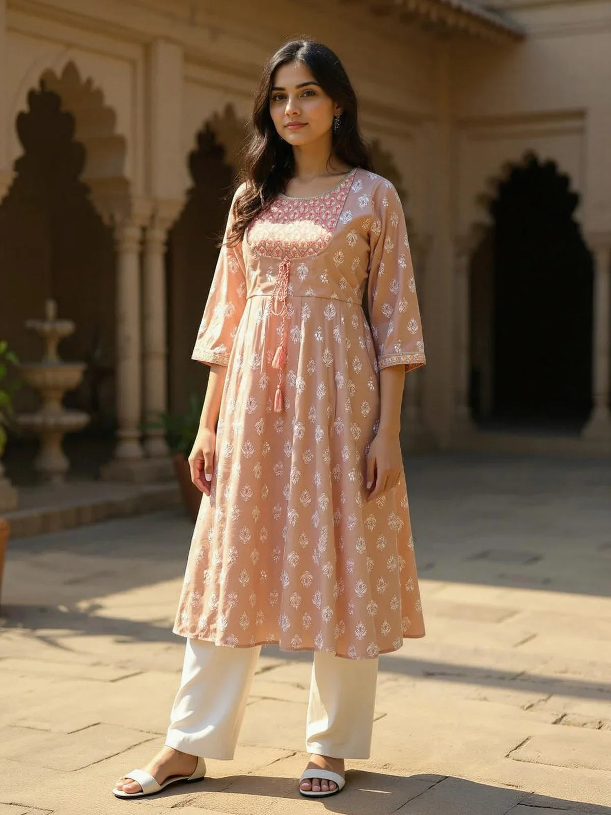 Buy Chanderi Embroidered Flared Calf Length Flared Kurta-Coral
