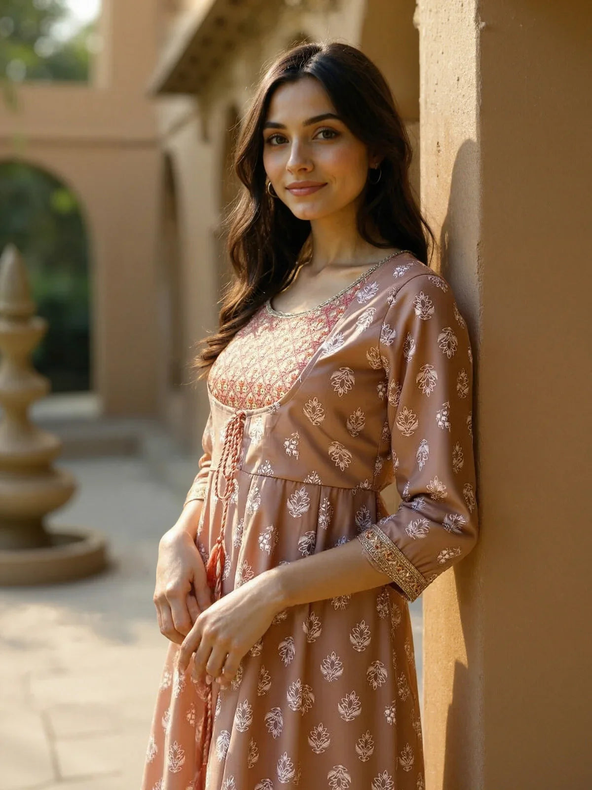 Buy Chanderi Embroidered Flared Calf Length Flared Kurta-Coral
