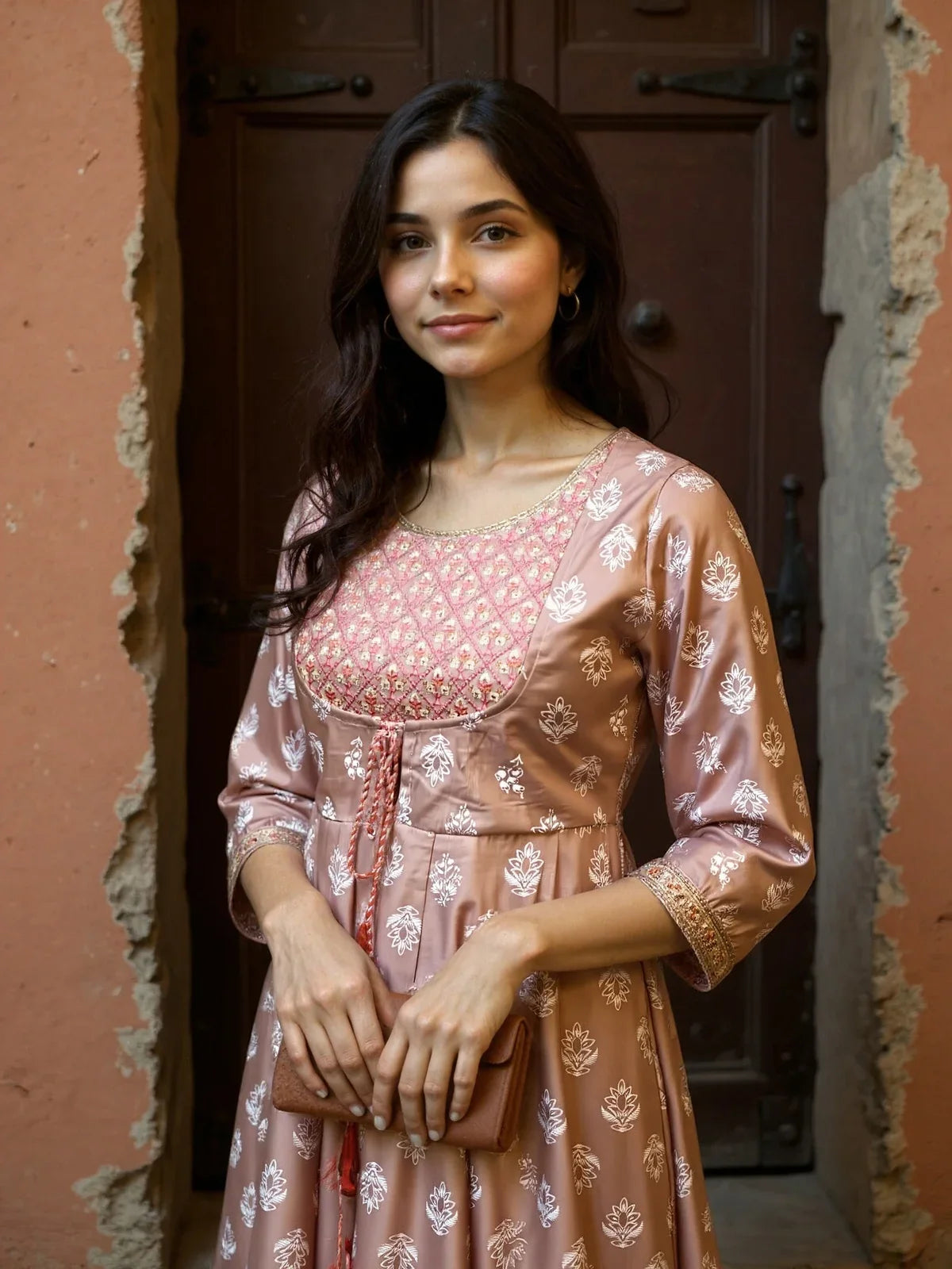 Buy Chanderi Embroidered Flared Calf Length Flared Kurta-Coral