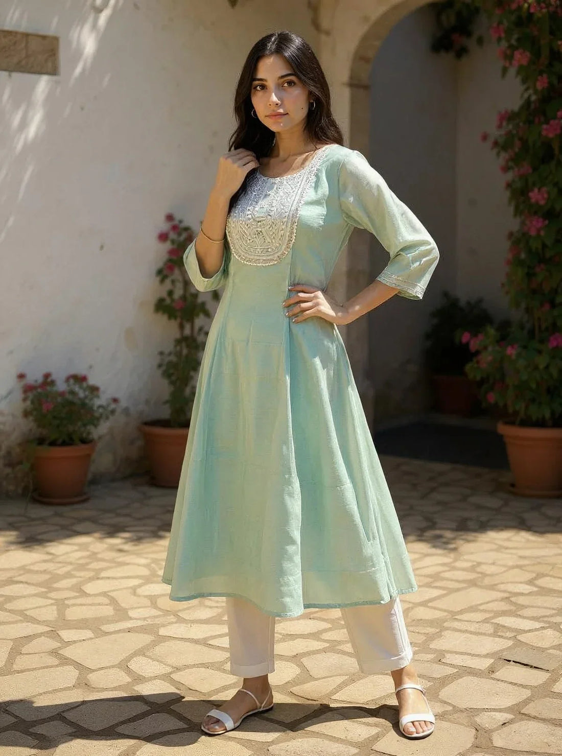 Buy Chanderi Embroidered Flared Calf Length Kurta-Mint Green