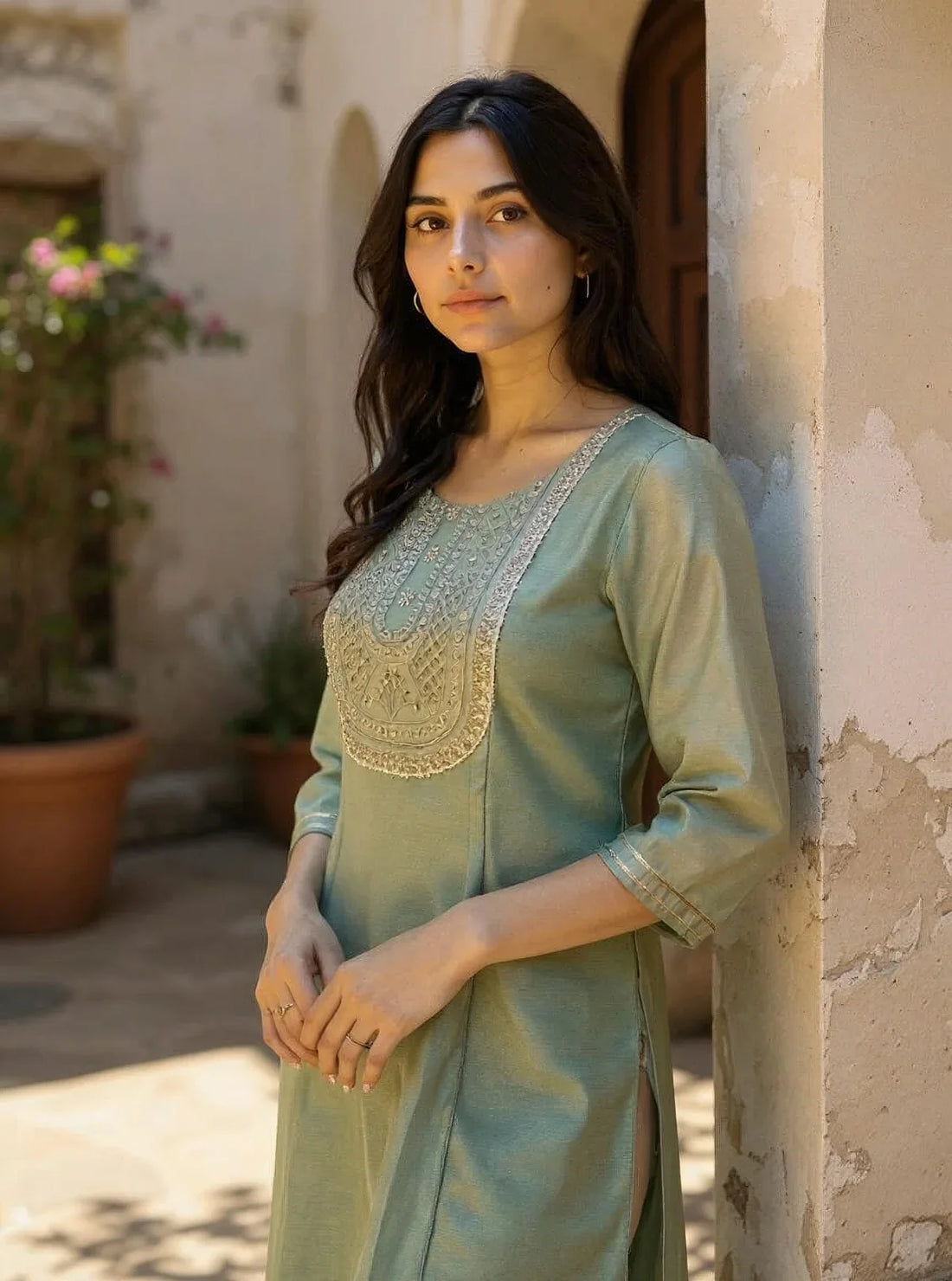 Buy Chanderi Embroidered Flared Calf Length Kurta-Mint Green