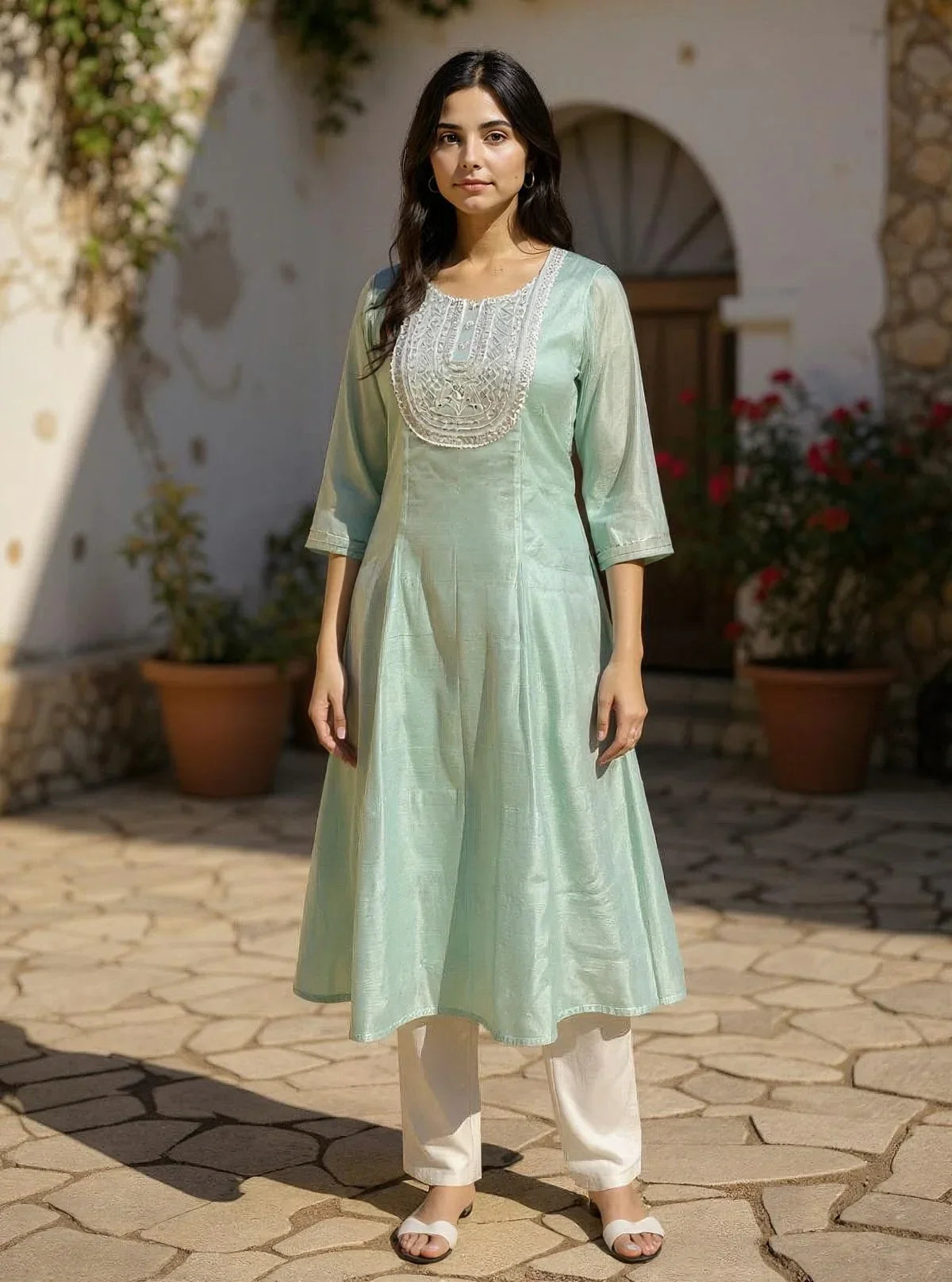 Buy Chanderi Embroidered Flared Calf Length Kurta-Mint Green