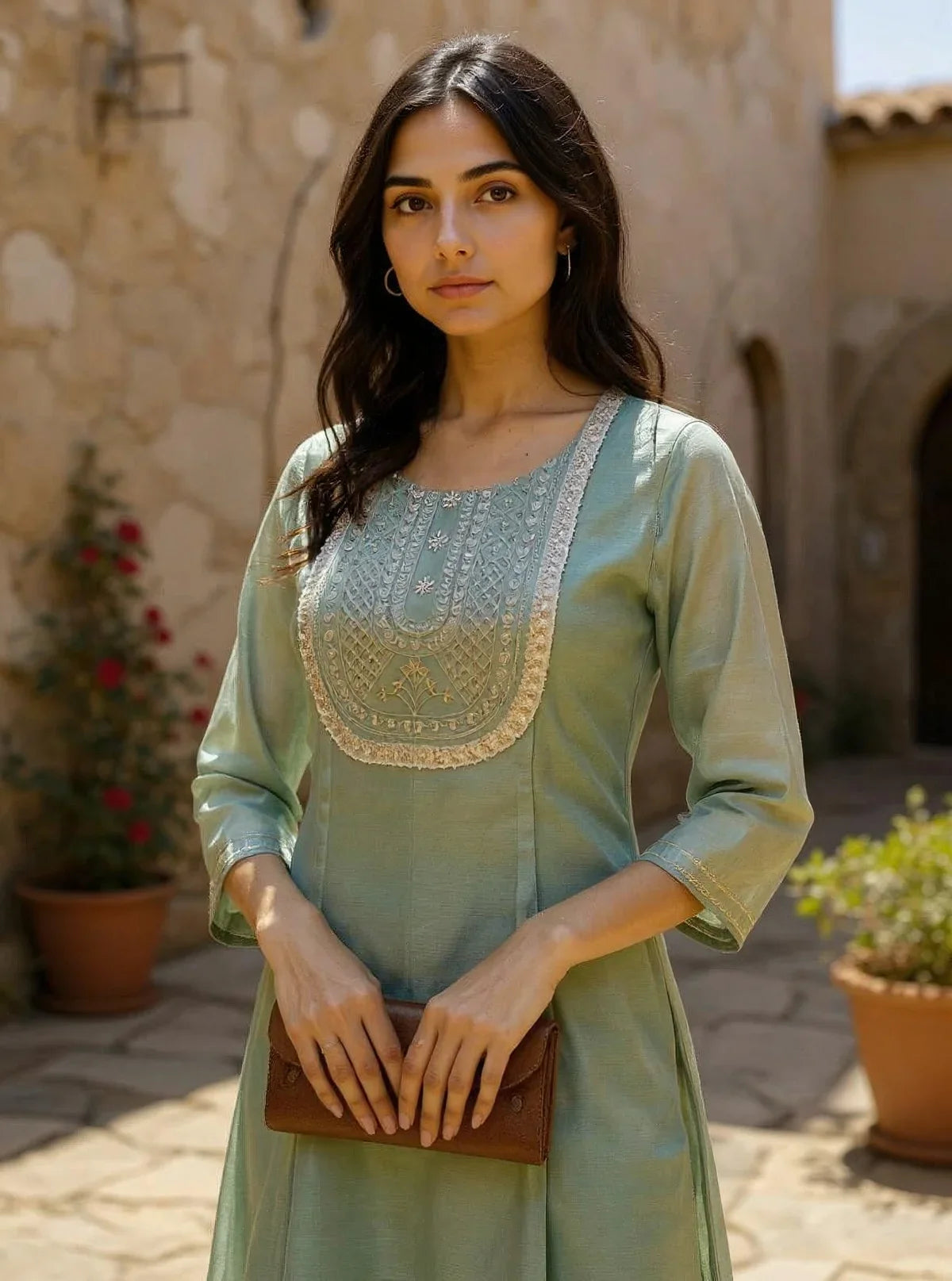 Buy Chanderi Embroidered Flared Calf Length Kurta-Mint Green