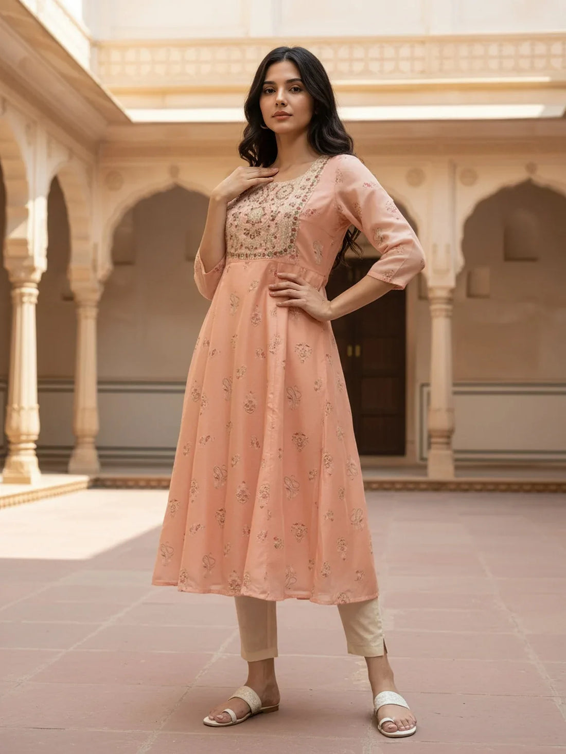 Buy Chanderi Embroidered Anarkali Calf Length Kurta-Peach