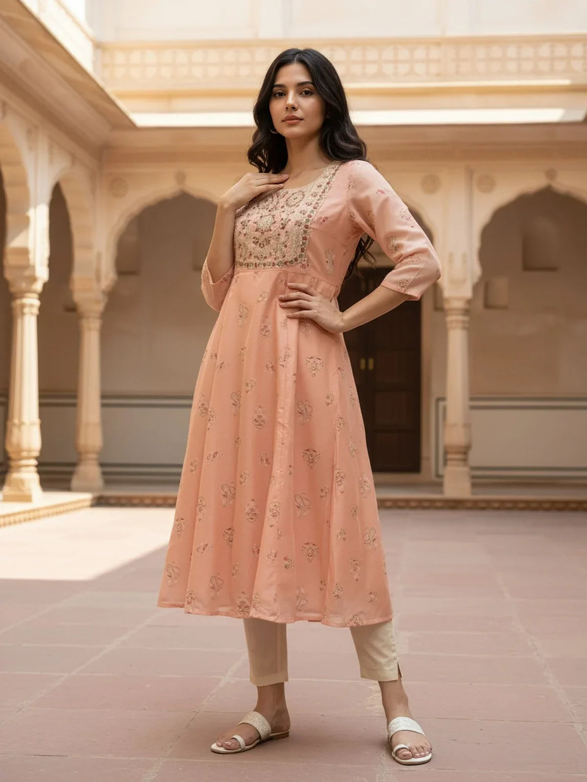 Buy Chanderi Embroidered Anarkali Calf Length Kurta-Peach