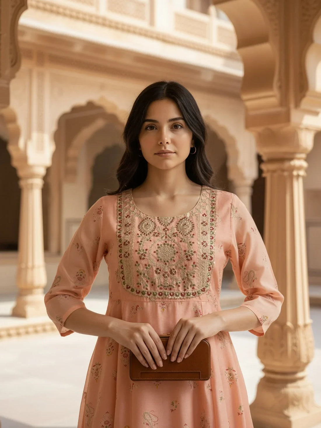 Buy Chanderi Embroidered Anarkali Calf Length Kurta-Peach