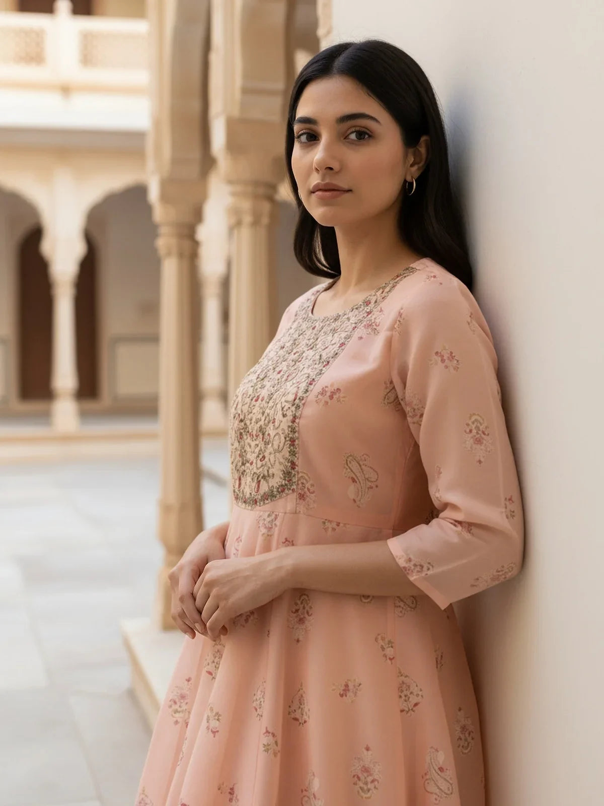 Buy Chanderi Embroidered Anarkali Calf Length Kurta-Peach