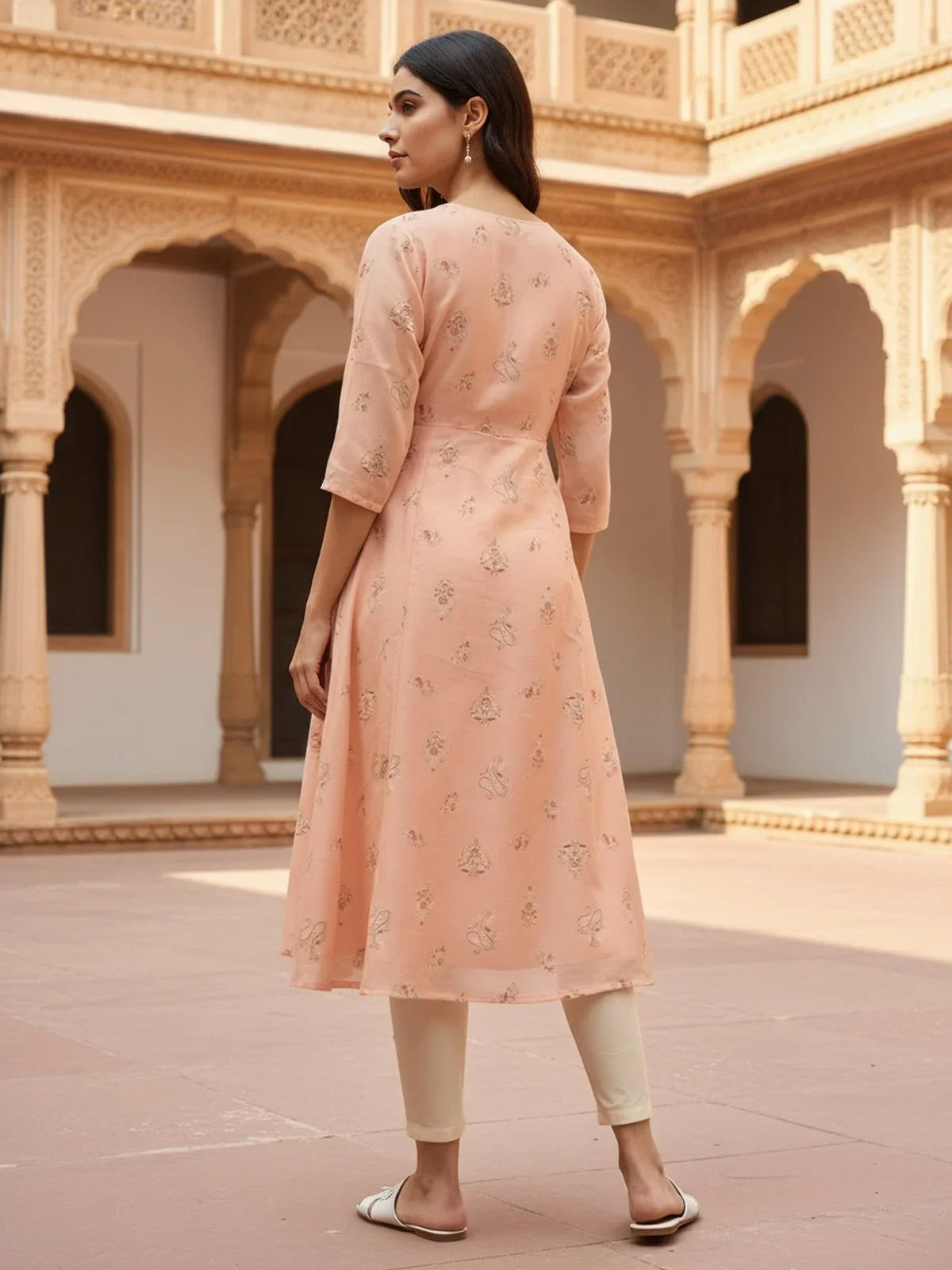 Buy Chanderi Embroidered Anarkali Calf Length Kurta-Peach