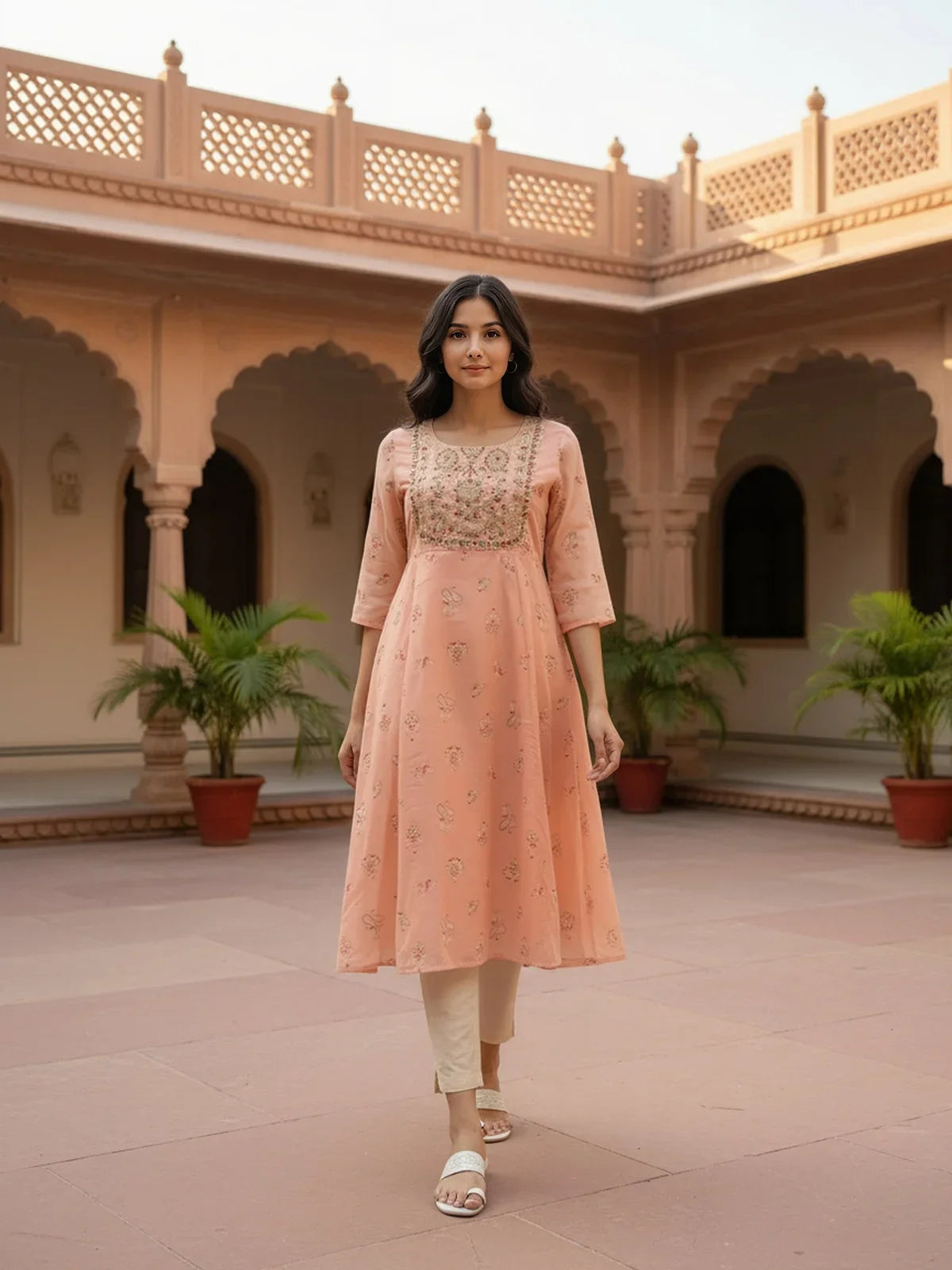 Buy Chanderi Embroidered Anarkali Calf Length Kurta-Peach
