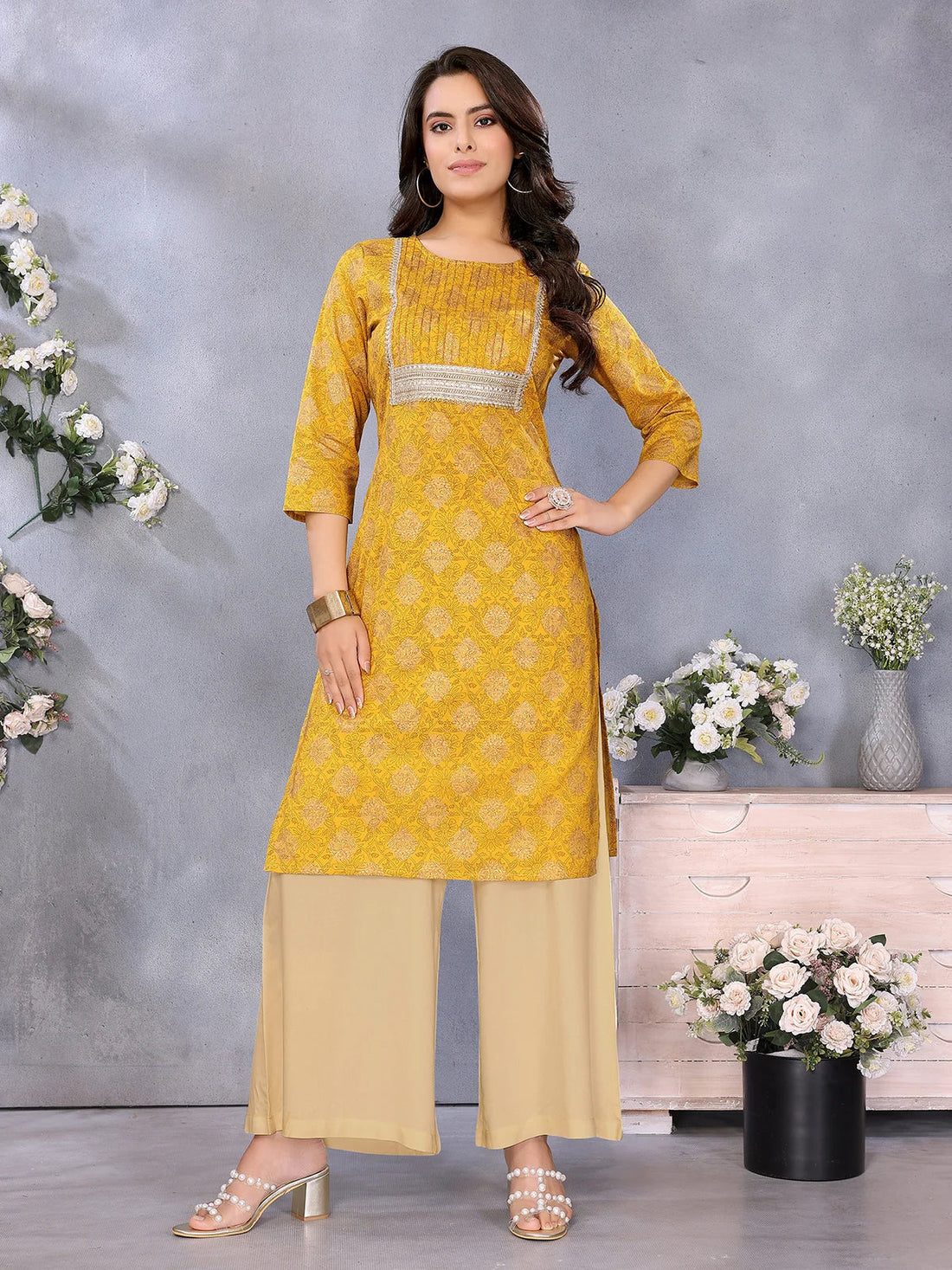 Buy Cotton Printed Straight Knee Length Kurta-Mustard