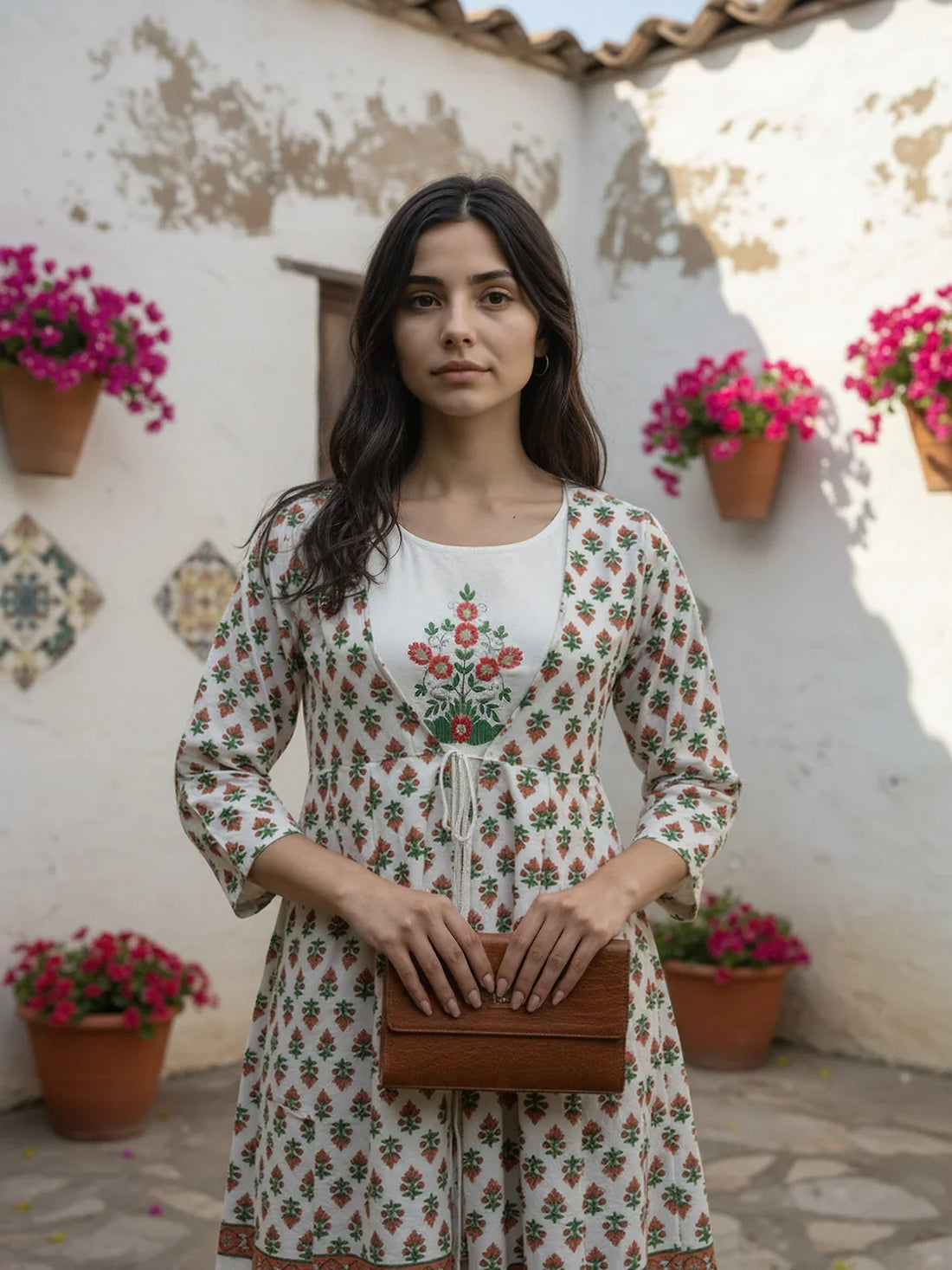 Buy Chanderi Embroidered Layered Calf Length Kurta with Jacket-Off White