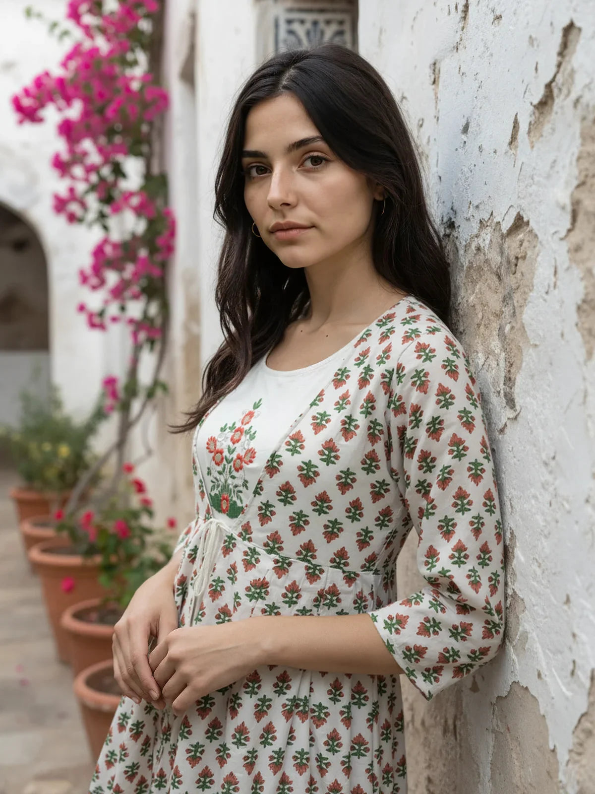 Buy Chanderi Embroidered Layered Calf Length Kurta with Jacket-Off White