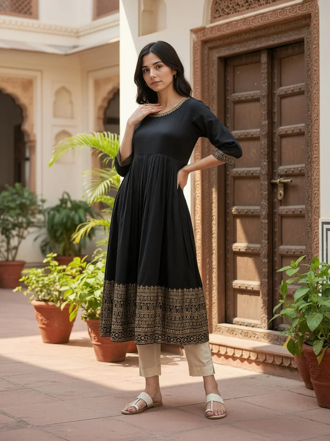 Buy Rayon Embroidered Anarkali Calf Length Kurta-Black