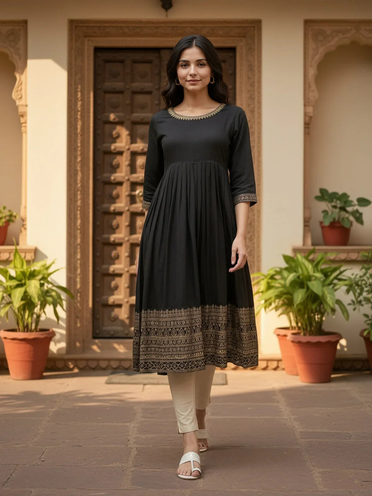 Buy Rayon Embroidered Anarkali Calf Length Kurta-Black