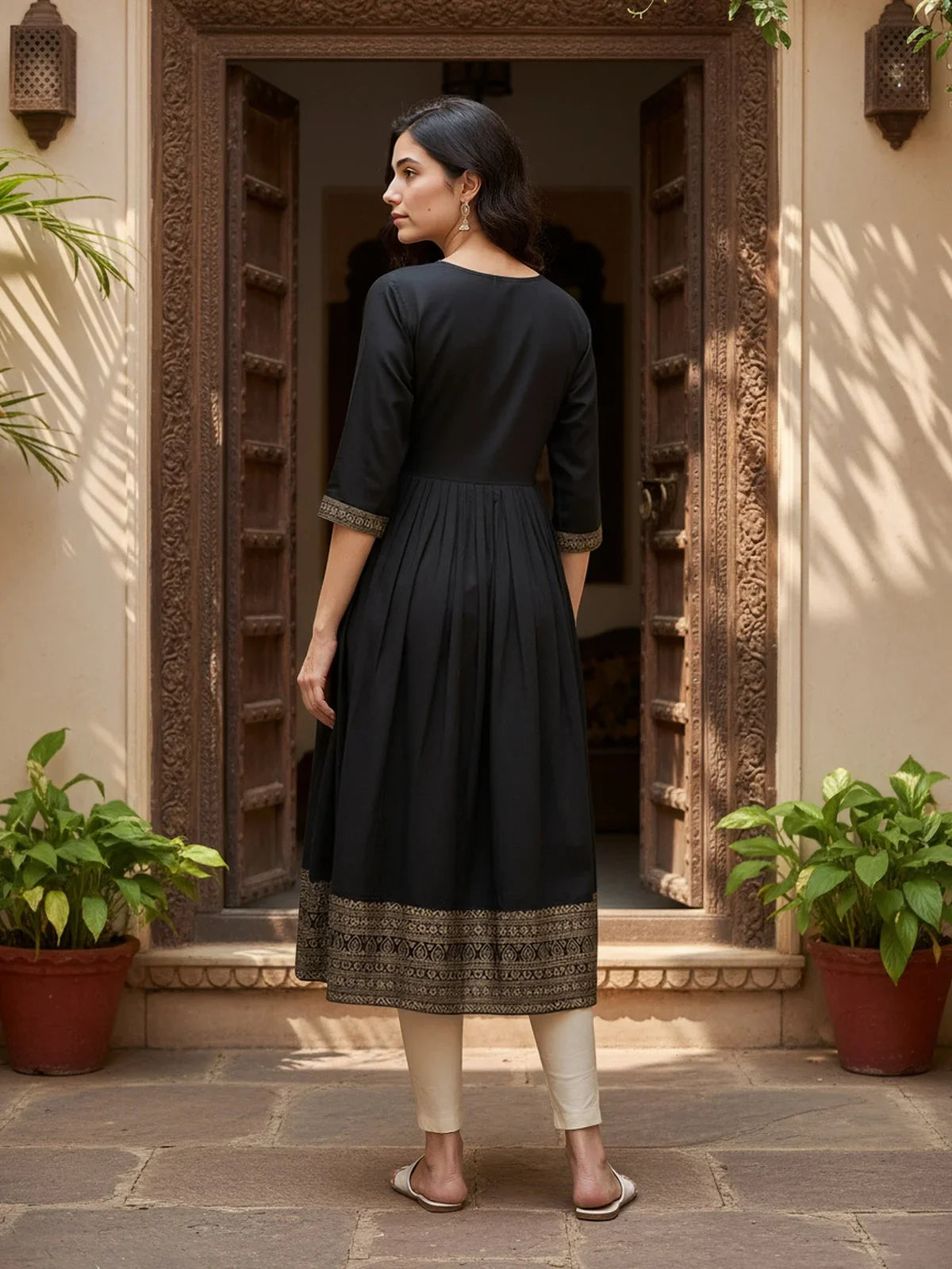 Buy Rayon Embroidered Anarkali Calf Length Kurta-Black