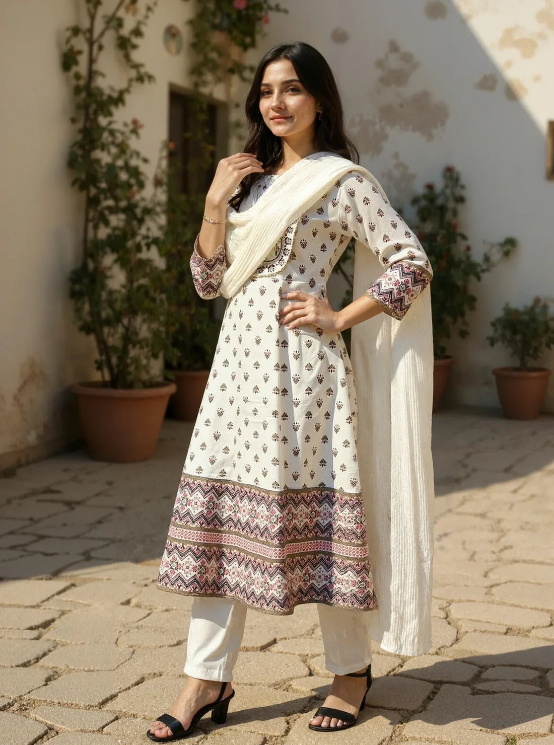 Buy Chanderi Embroidered Straight Calf Length Kurta with Pant and Dupatta-White