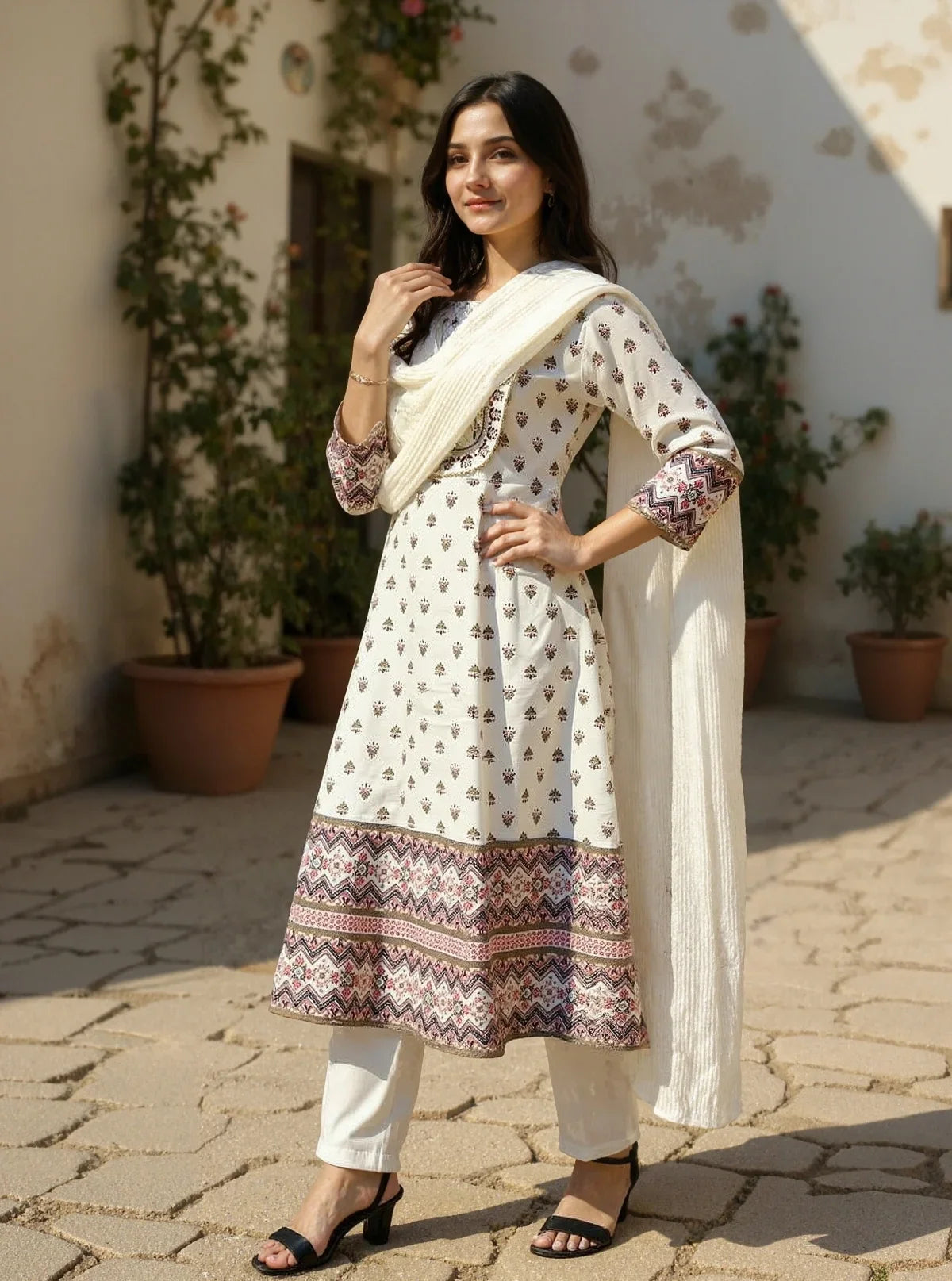 Buy Chanderi Embroidered Straight Calf Length Kurta with Pant and Dupatta-White