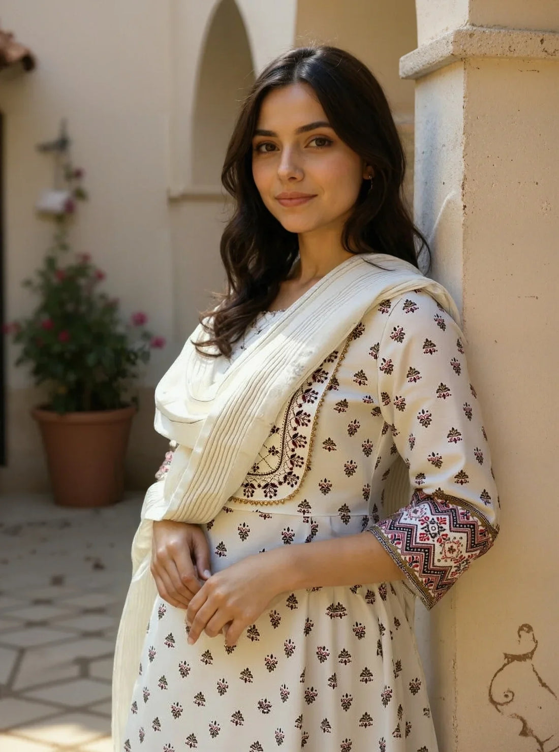 Buy Chanderi Embroidered Straight Calf Length Kurta with Pant and Dupatta-White