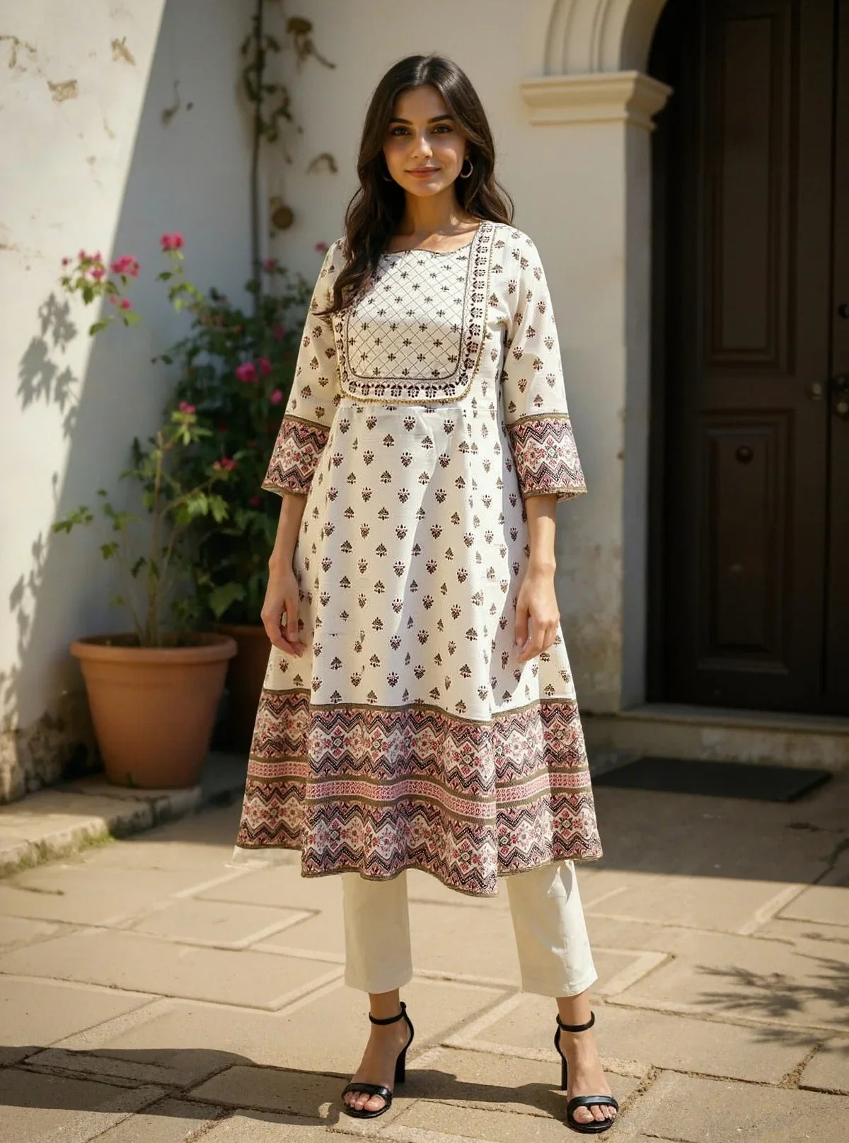 Buy Chanderi Embroidered Straight Calf Length Kurta with Pant and Dupatta-White