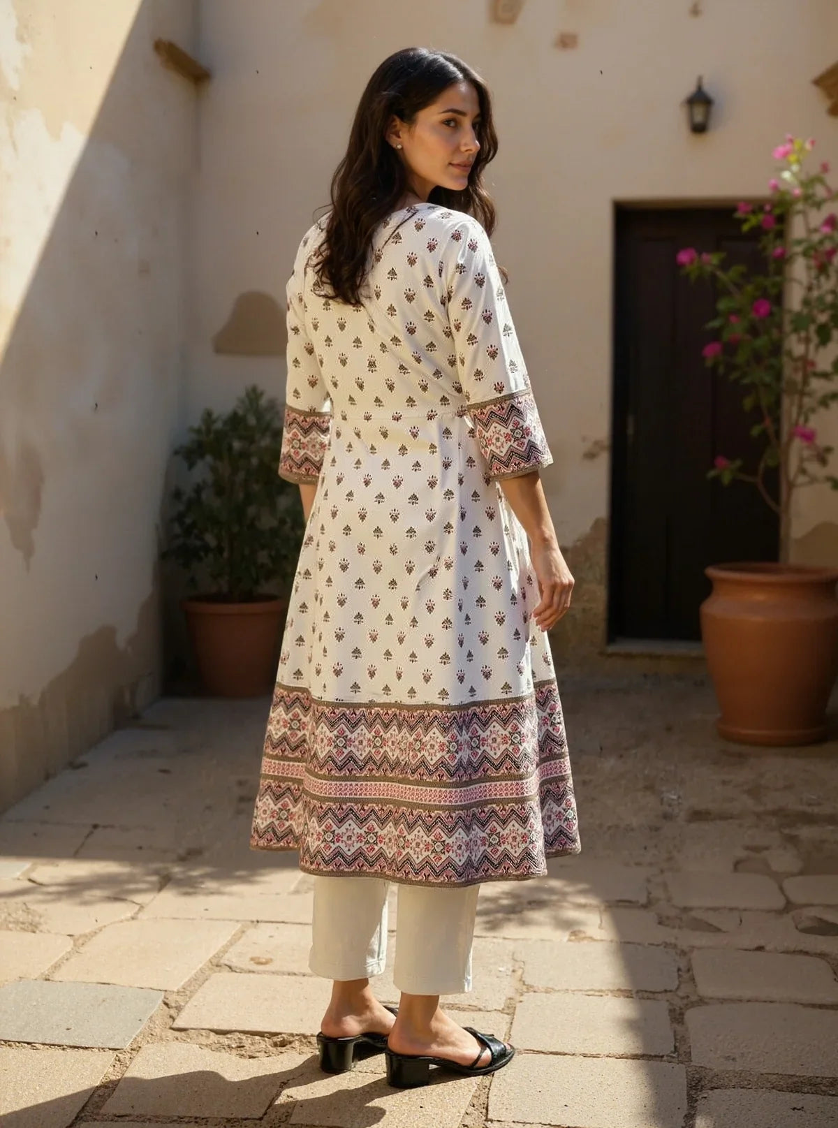 Buy Chanderi Embroidered Straight Calf Length Kurta with Pant and Dupatta-White