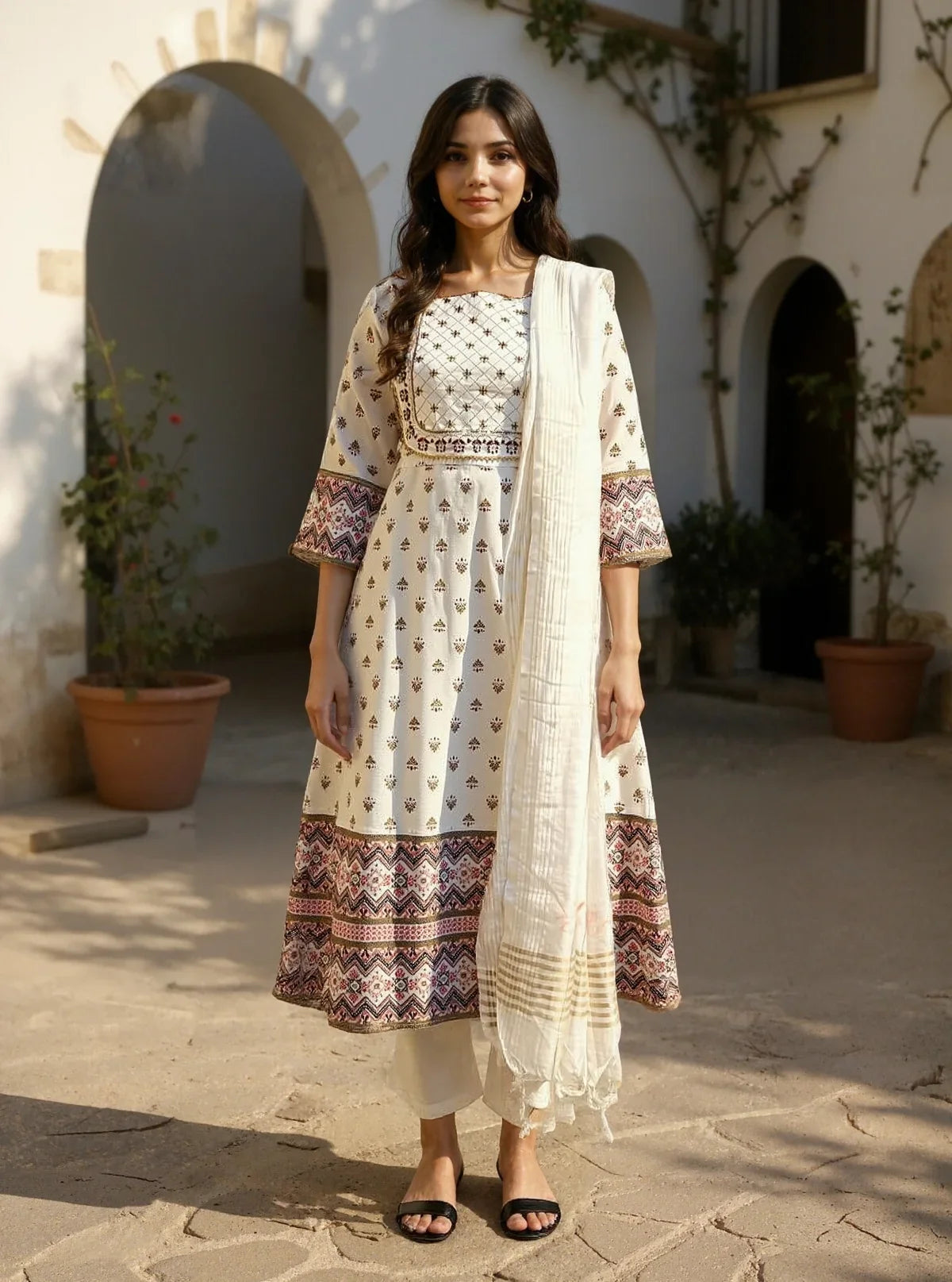 Buy Chanderi Embroidered Straight Calf Length Kurta with Pant and Dupatta-White