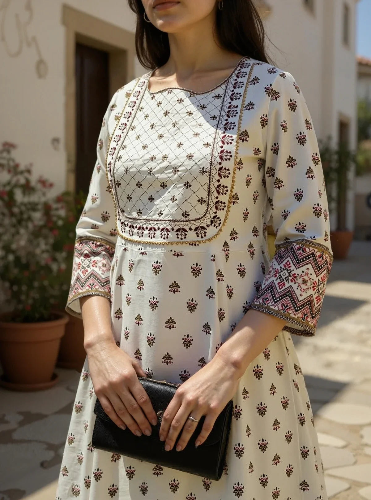 Buy Chanderi Embroidered Straight Calf Length Kurta with Pant and Dupatta-White