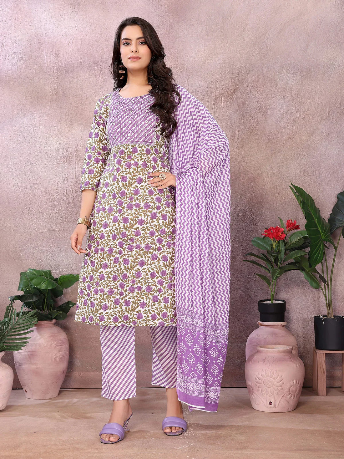 Buy Cotton Printed Straight Knee Length Kurta with Pant-Purple