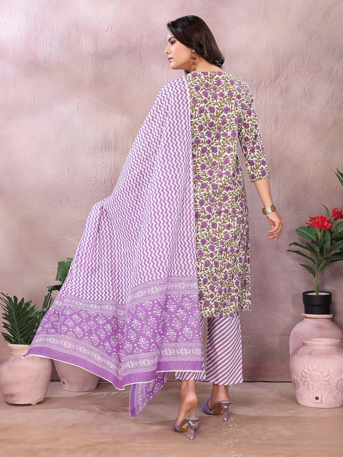 Buy Cotton Printed Straight Knee Length Kurta with Pant-Purple