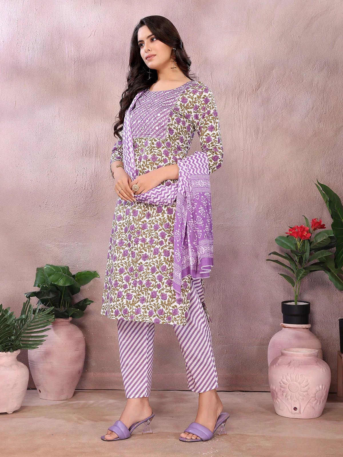 Buy Cotton Printed Straight Knee Length Kurta with Pant-Purple