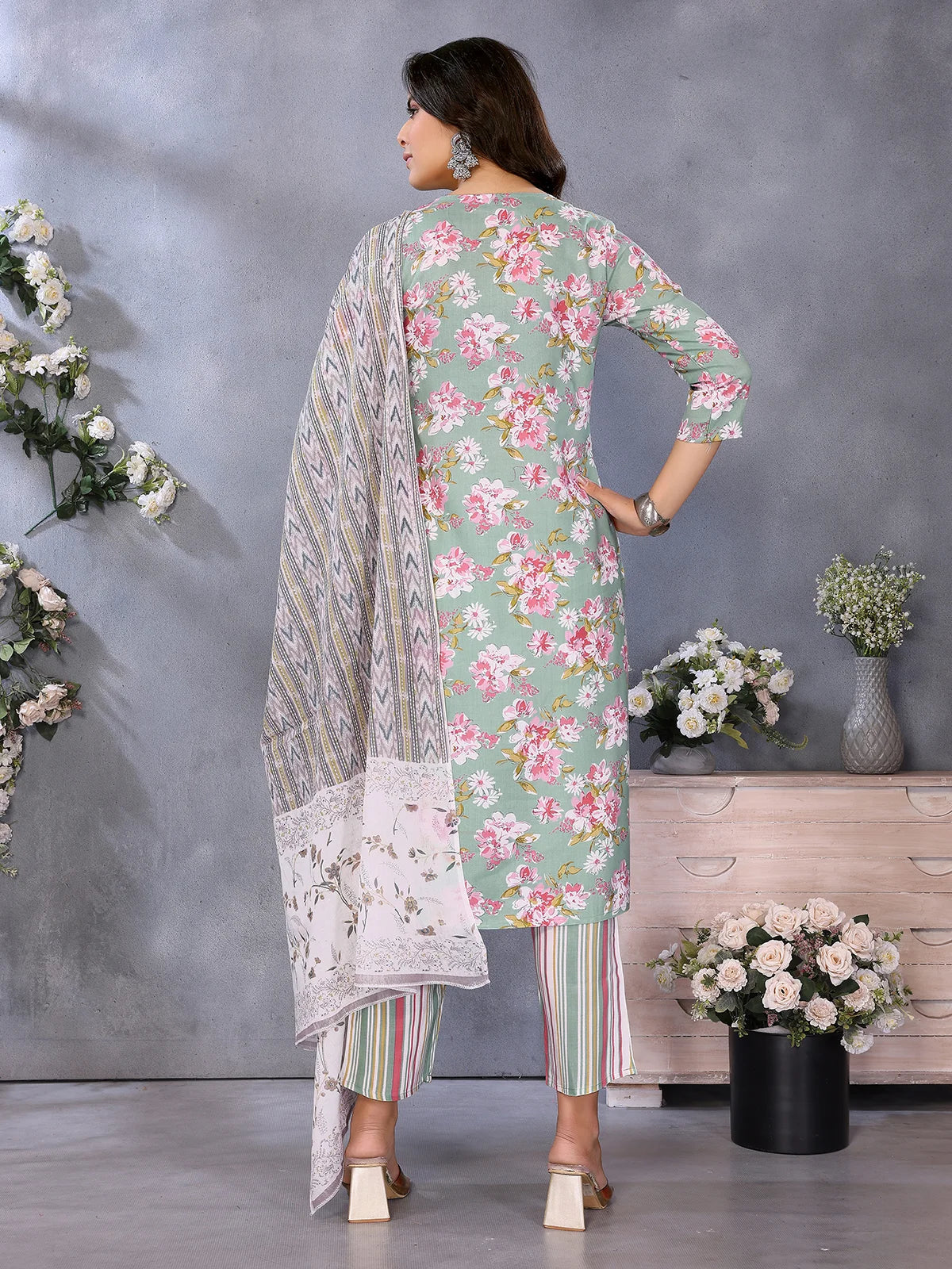 Buy Rayon Printed Straight Knee Length Kurta with Pant-Green