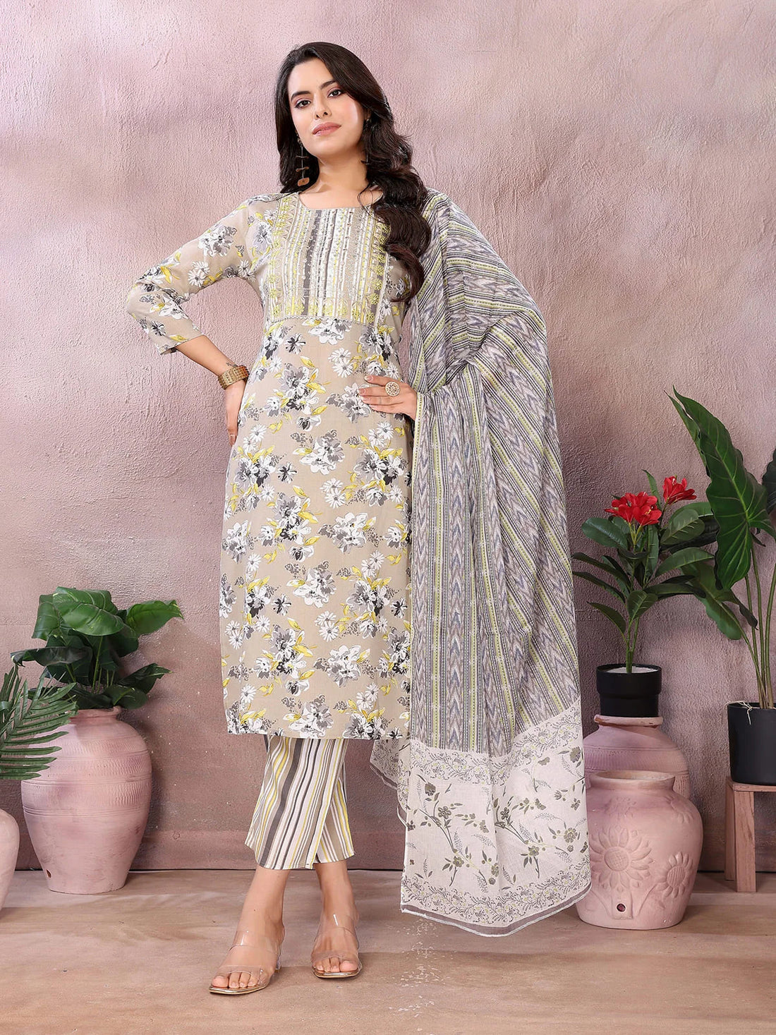 Buy Rayon Printed Straight Knee Length Kurta with Pant-Beige