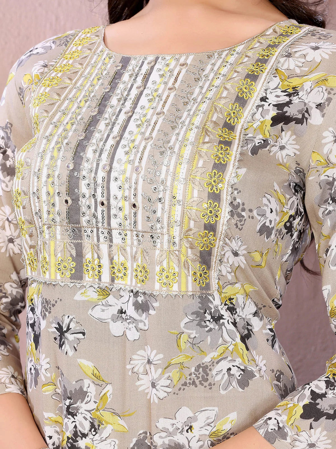 Buy Rayon Printed Straight Knee Length Kurta with Pant-Beige