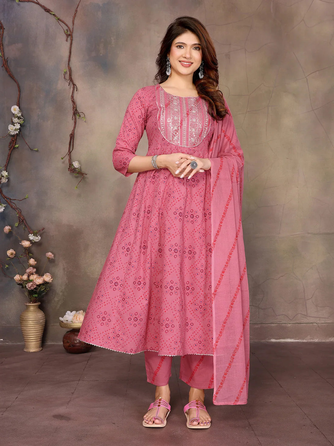 Buy Cotton Embroidered Anarkali Calf Length Kurta with Pant and Dupatta-Peach