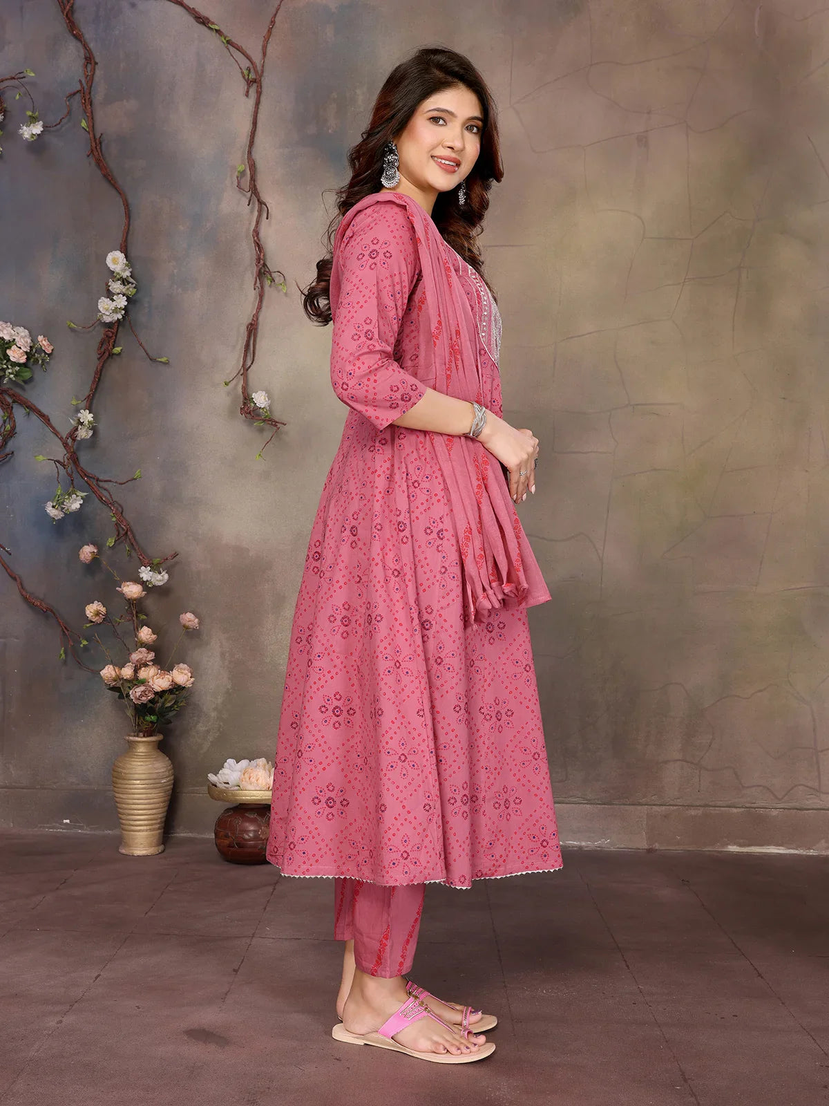 Buy Cotton Embroidered Anarkali Calf Length Kurta with Pant and Dupatta-Peach