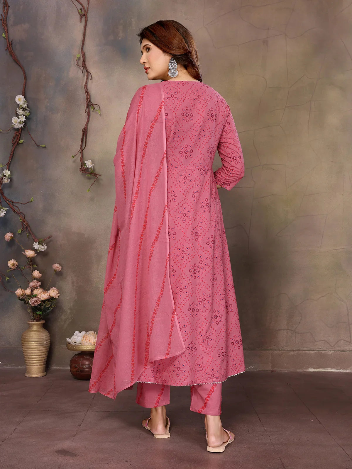 Buy Cotton Embroidered Anarkali Calf Length Kurta with Pant and Dupatta-Peach