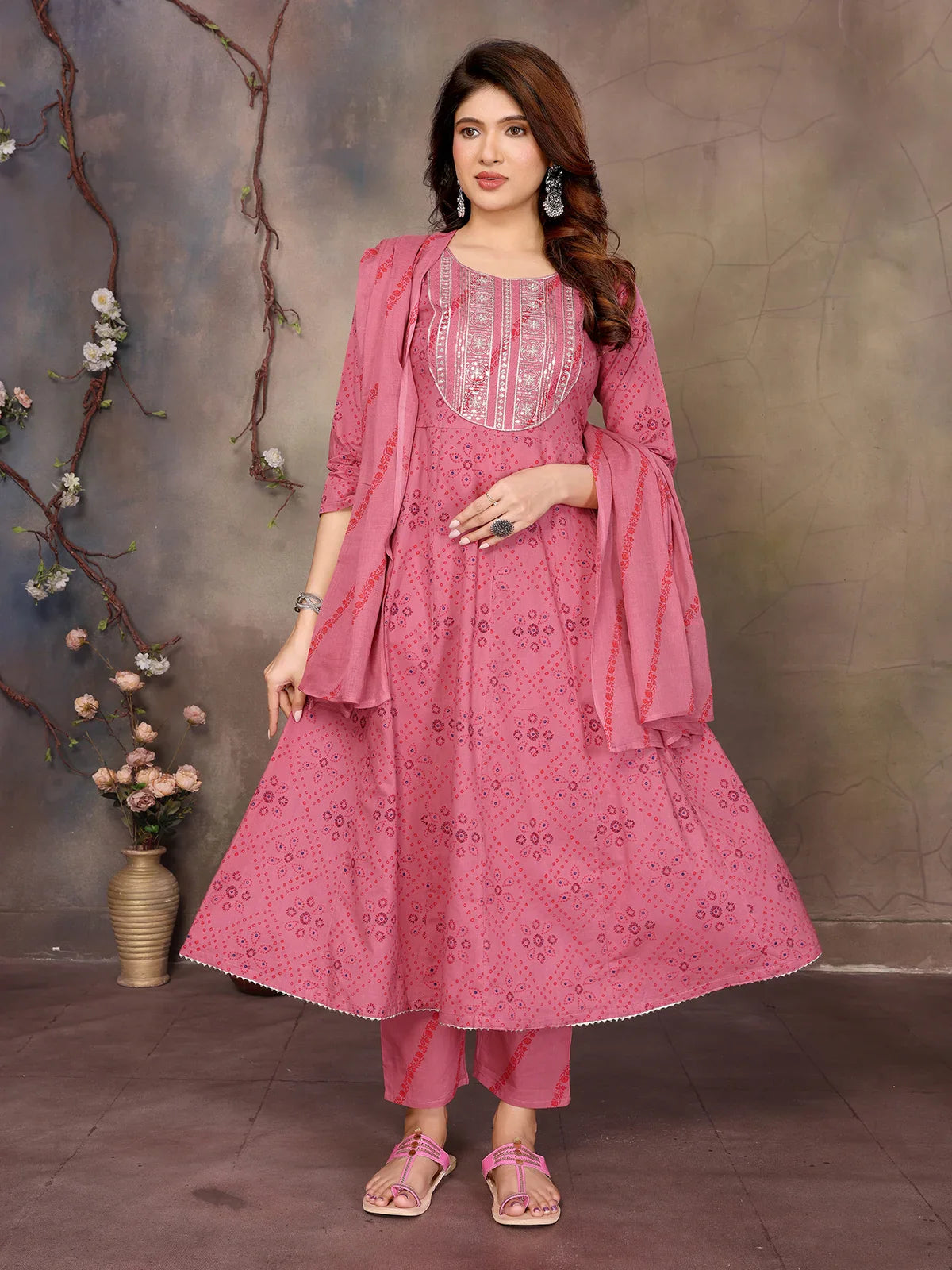 Buy Cotton Embroidered Anarkali Calf Length Kurta with Pant and Dupatta-Peach
