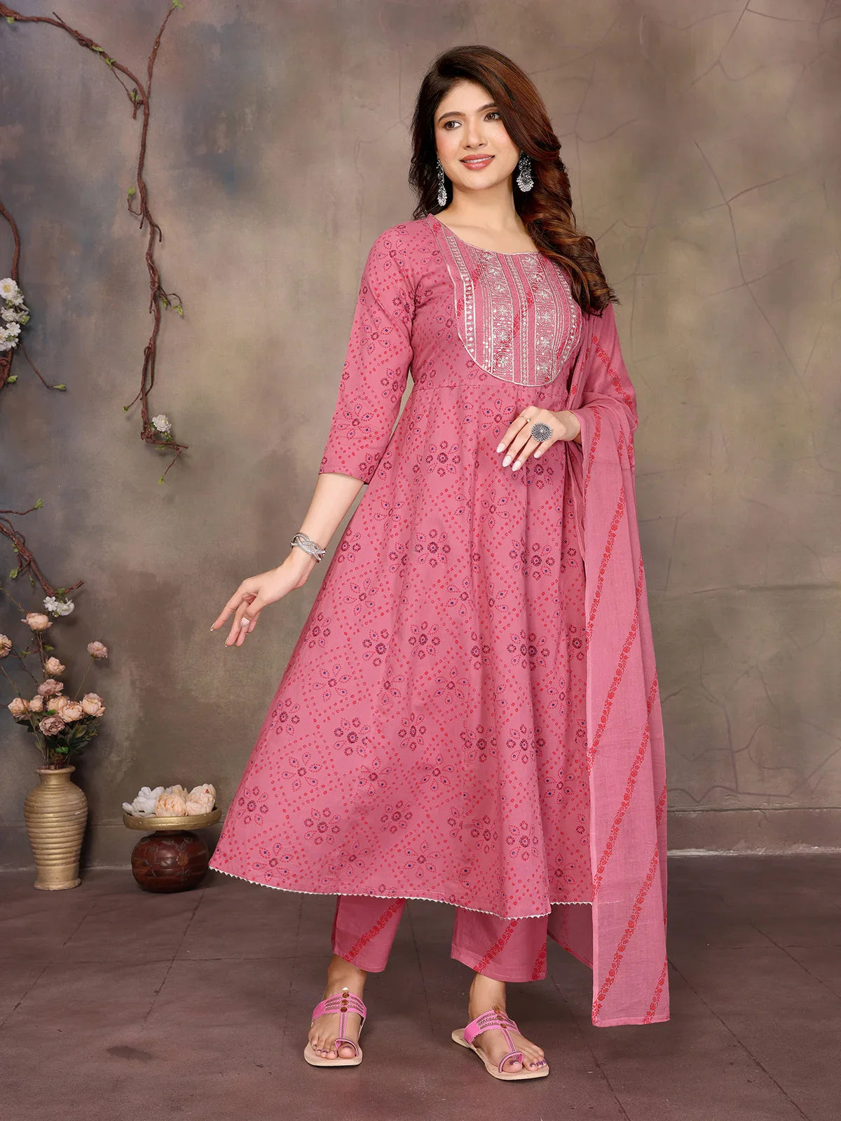 Buy Cotton Embroidered Anarkali Calf Length Kurta with Pant and Dupatta-Peach