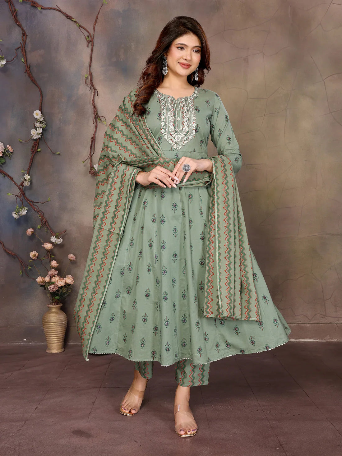 Buy Cotton Embroidered Anarkali Calf Length Kurta with Pant and Dupatta-Green