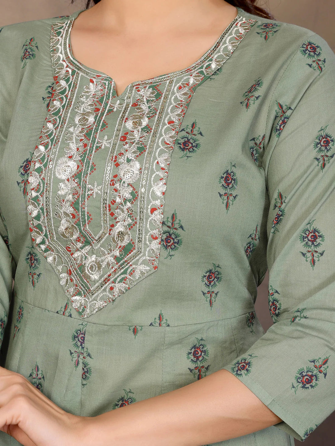 Buy Cotton Embroidered Anarkali Calf Length Kurta with Pant and Dupatta-Green