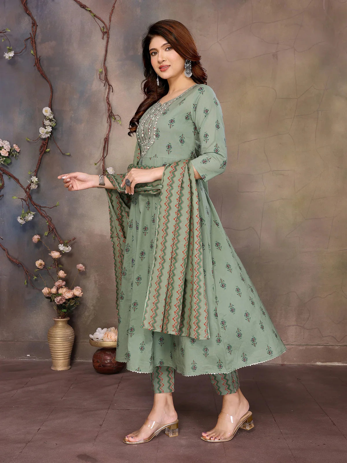 Buy Cotton Embroidered Anarkali Calf Length Kurta with Pant and Dupatta-Green