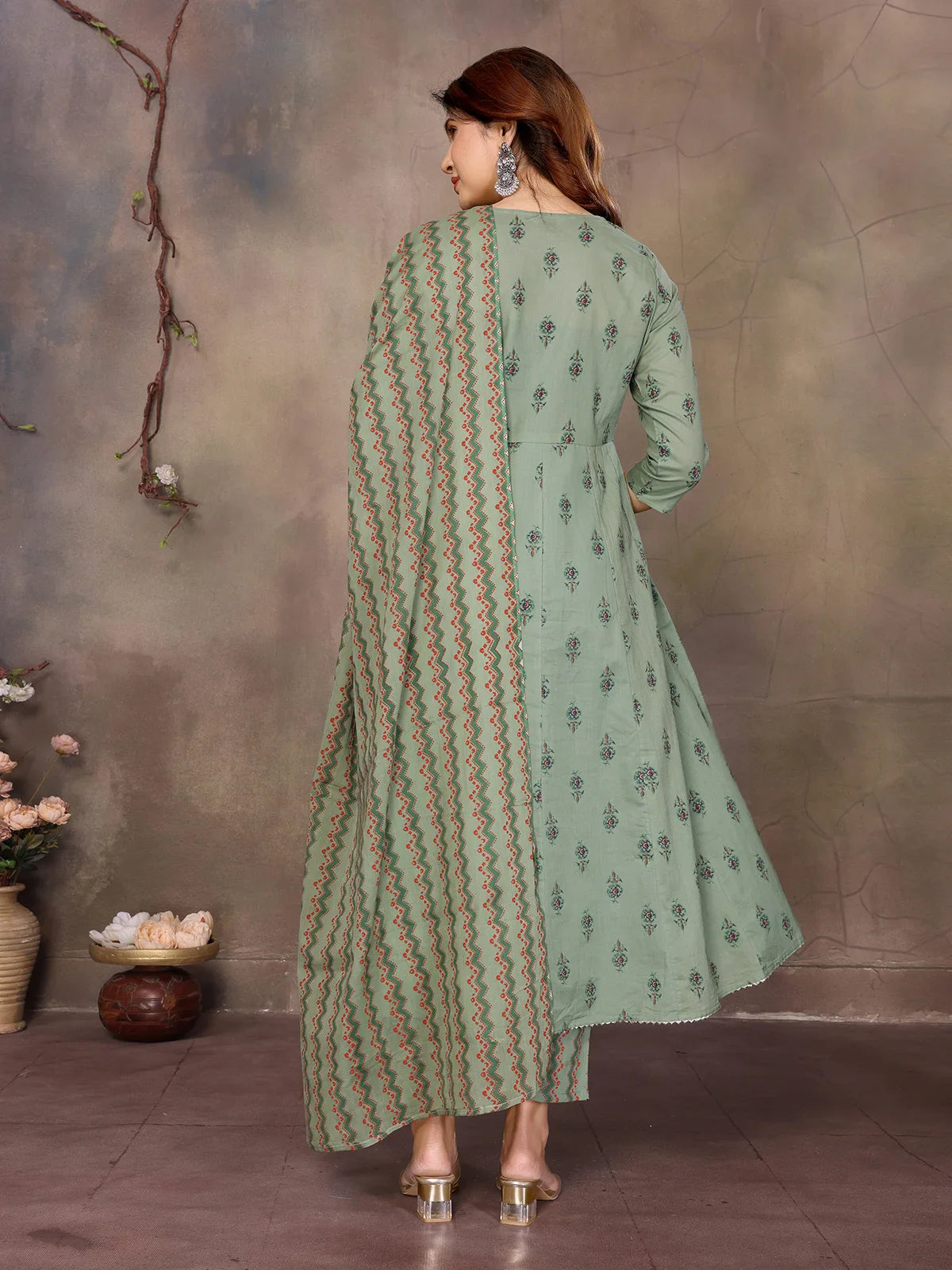 Buy Cotton Embroidered Anarkali Calf Length Kurta with Pant and Dupatta-Green