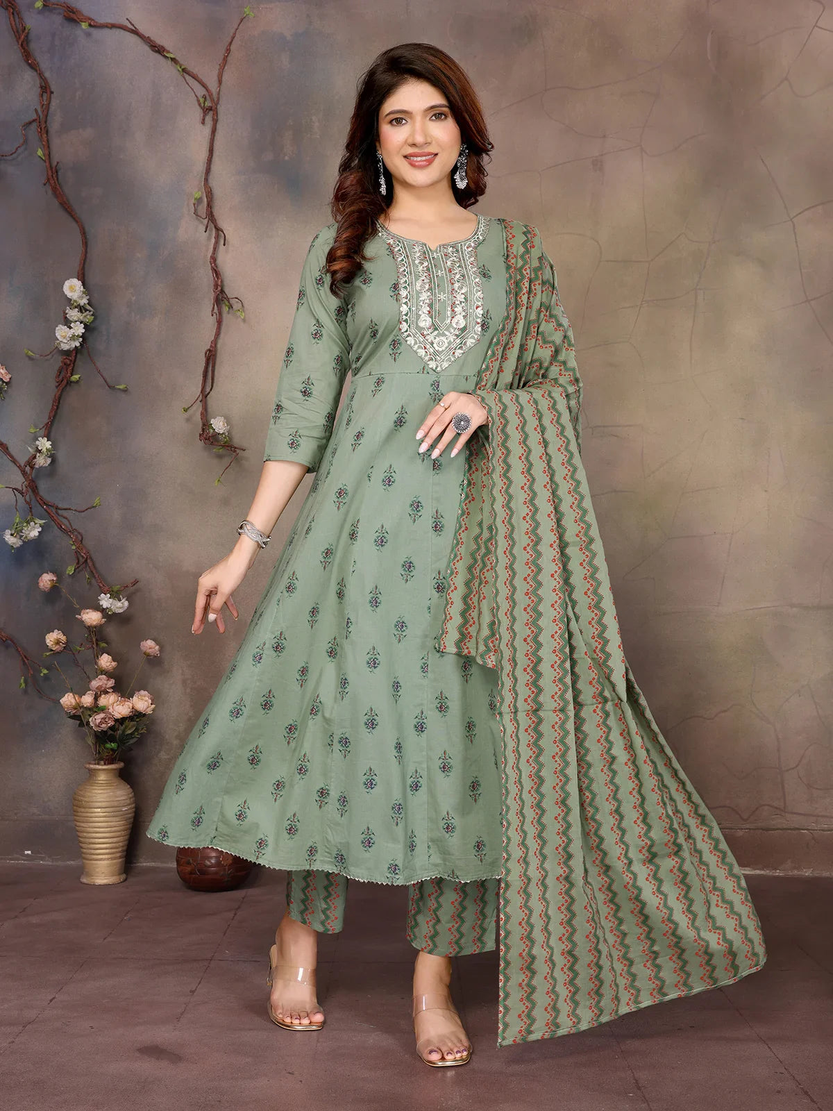 Buy Cotton Embroidered Anarkali Calf Length Kurta with Pant and Dupatta-Green