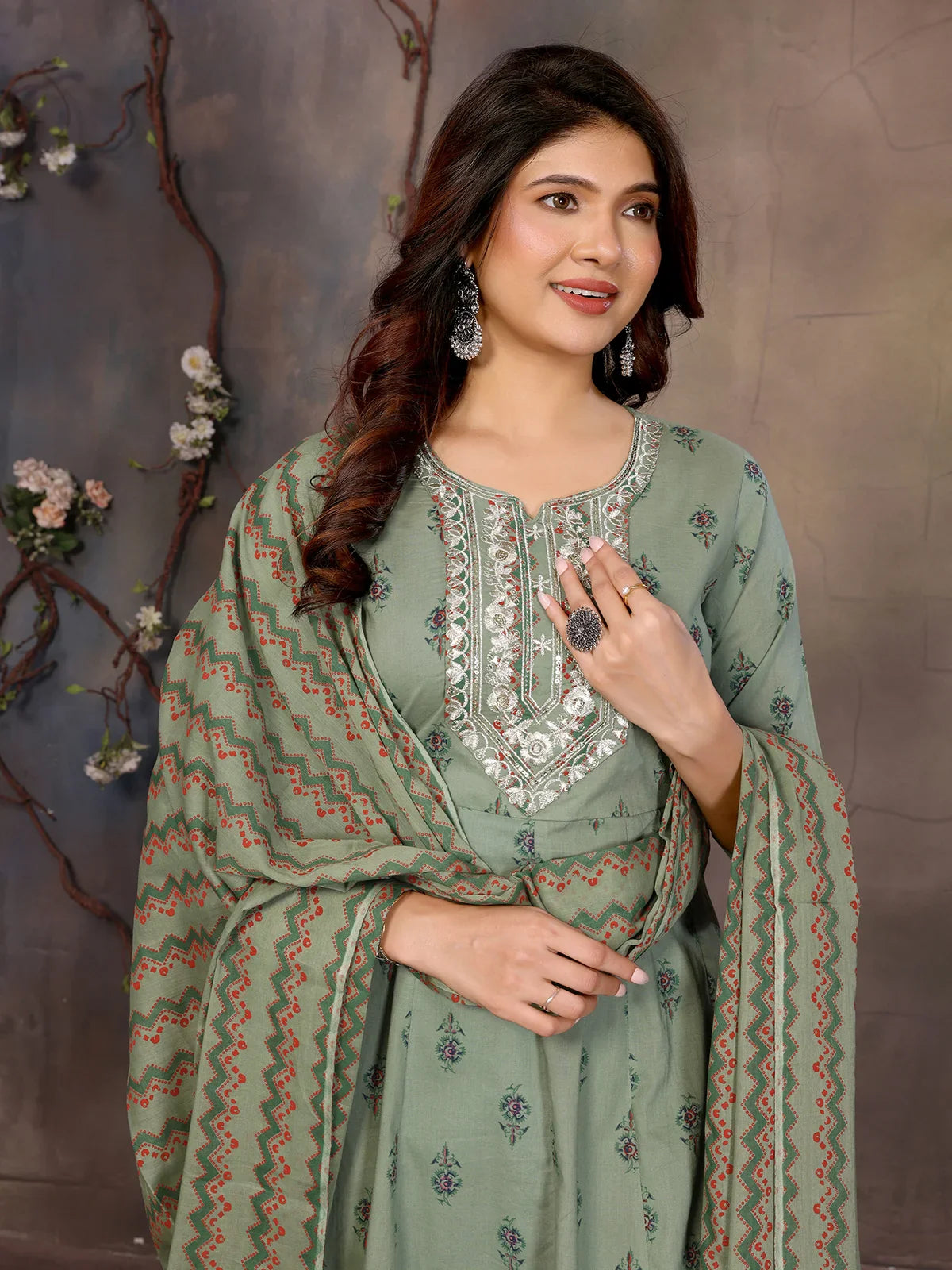 Buy Cotton Embroidered Anarkali Calf Length Kurta with Pant and Dupatta-Green
